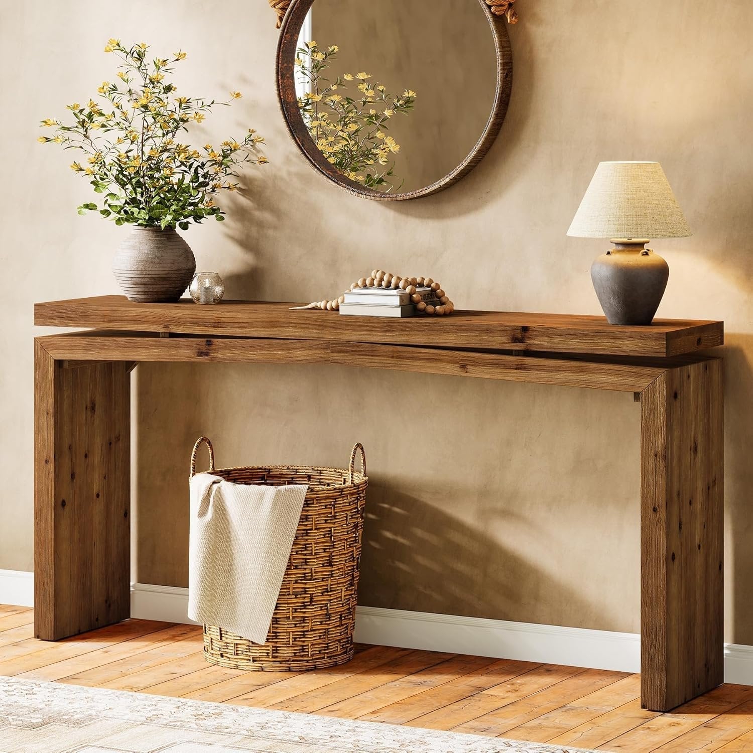 63" Solid Wood Farmhouse Console Table with 2-Tier Shelf, Long Sofa Table for Entryway, Living Room, or Behind Couch