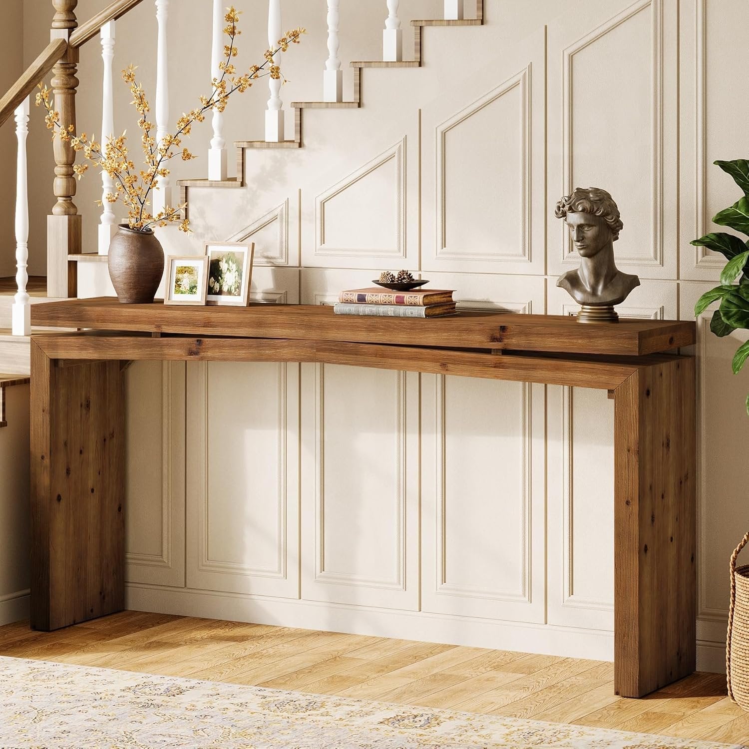 63" Solid Wood Farmhouse Console Table with 2-Tier Shelf, Long Sofa Table for Entryway, Living Room, or Behind Couch