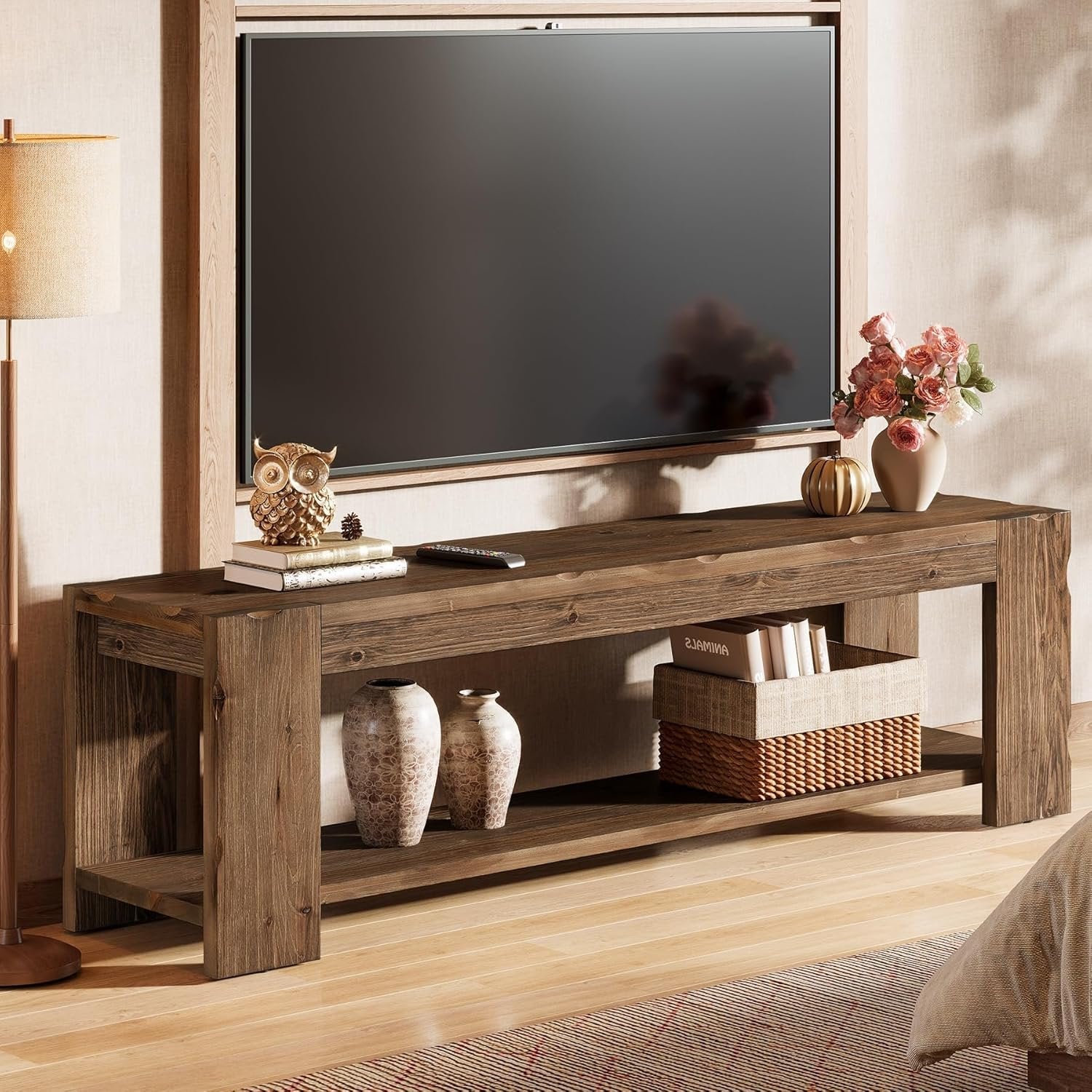 55" Solid Wood TV Stand, 2-Tier TV Console Media Stand for TVs up to 60"