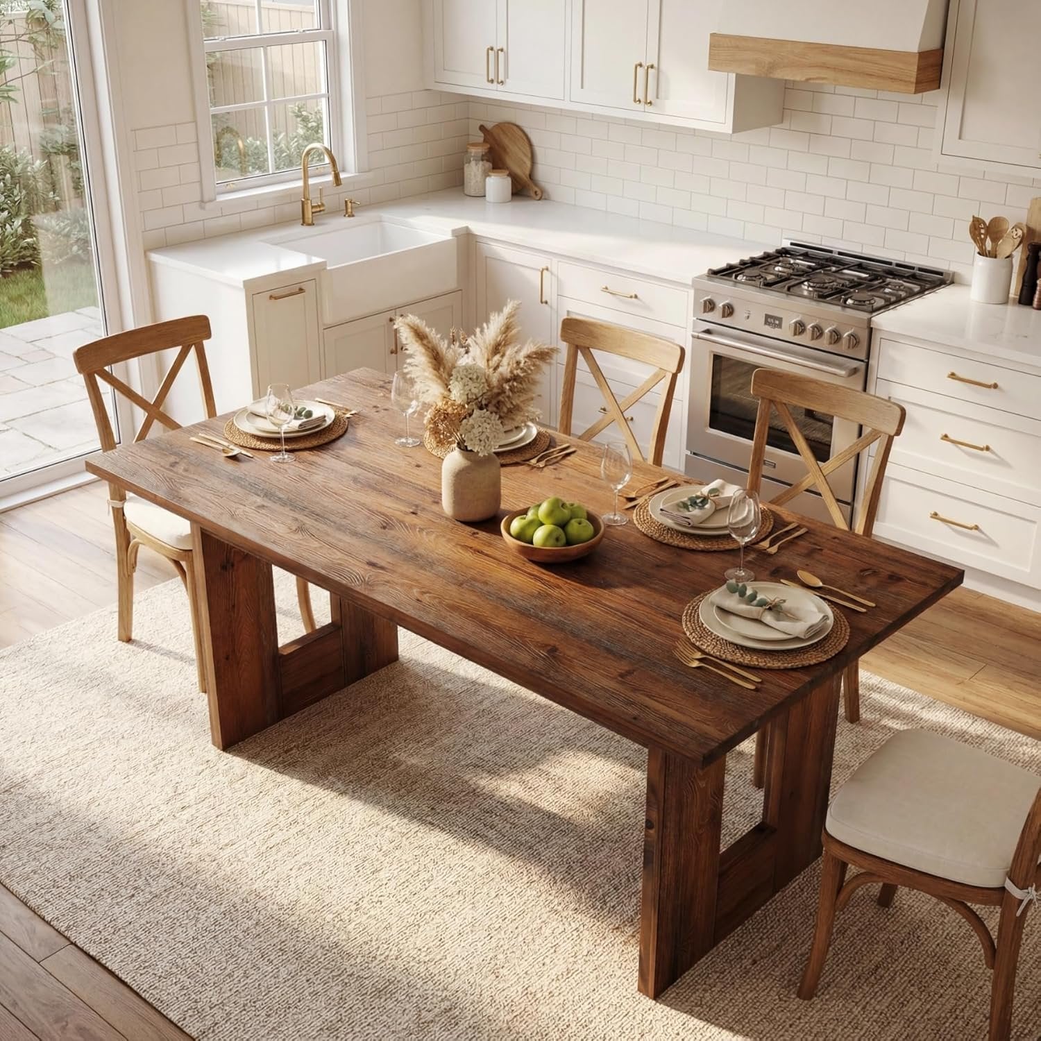 63" Solid Wood Dining Table, Rectangular Kitchen Table for 4-6 People with Thick Top