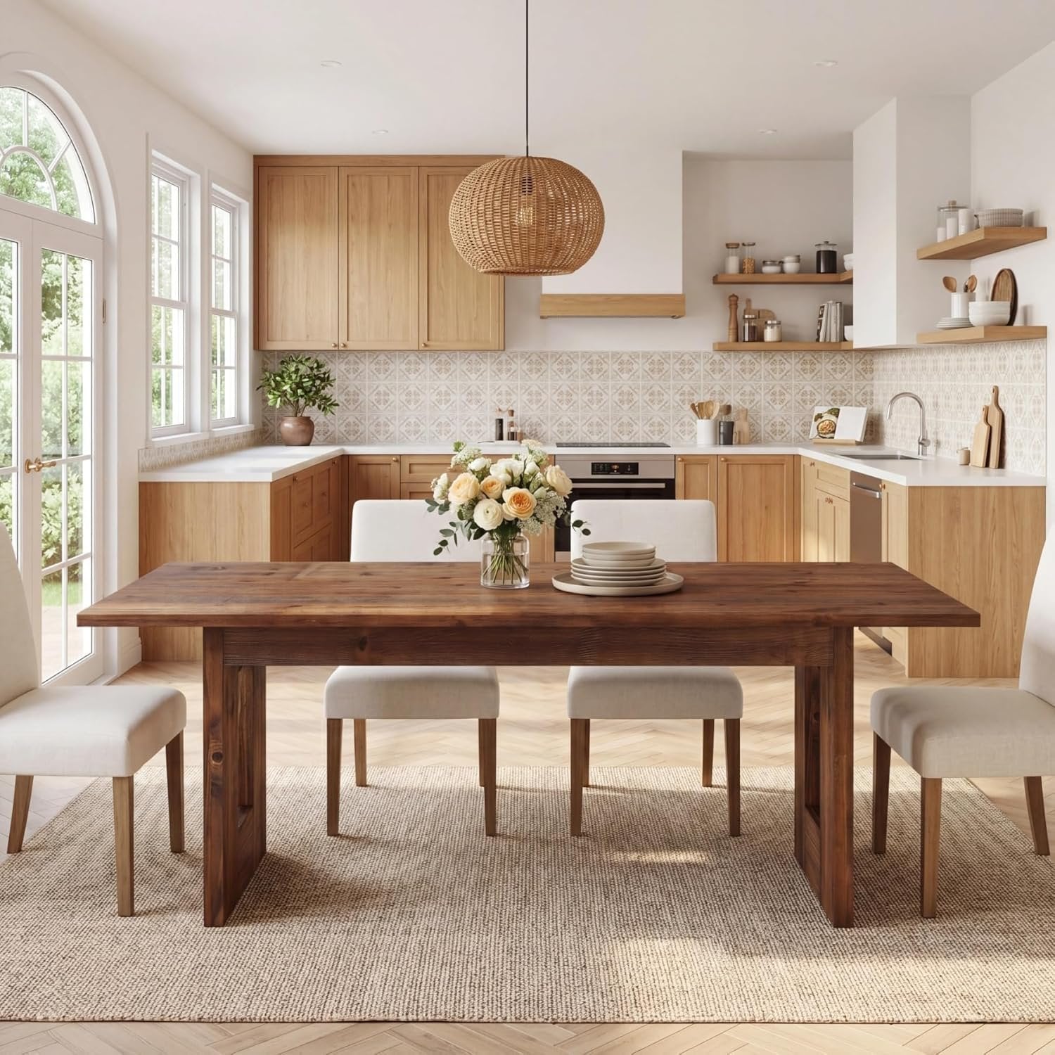 63" Solid Wood Dining Table, Rectangular Kitchen Table for 4-6 People with Thick Top