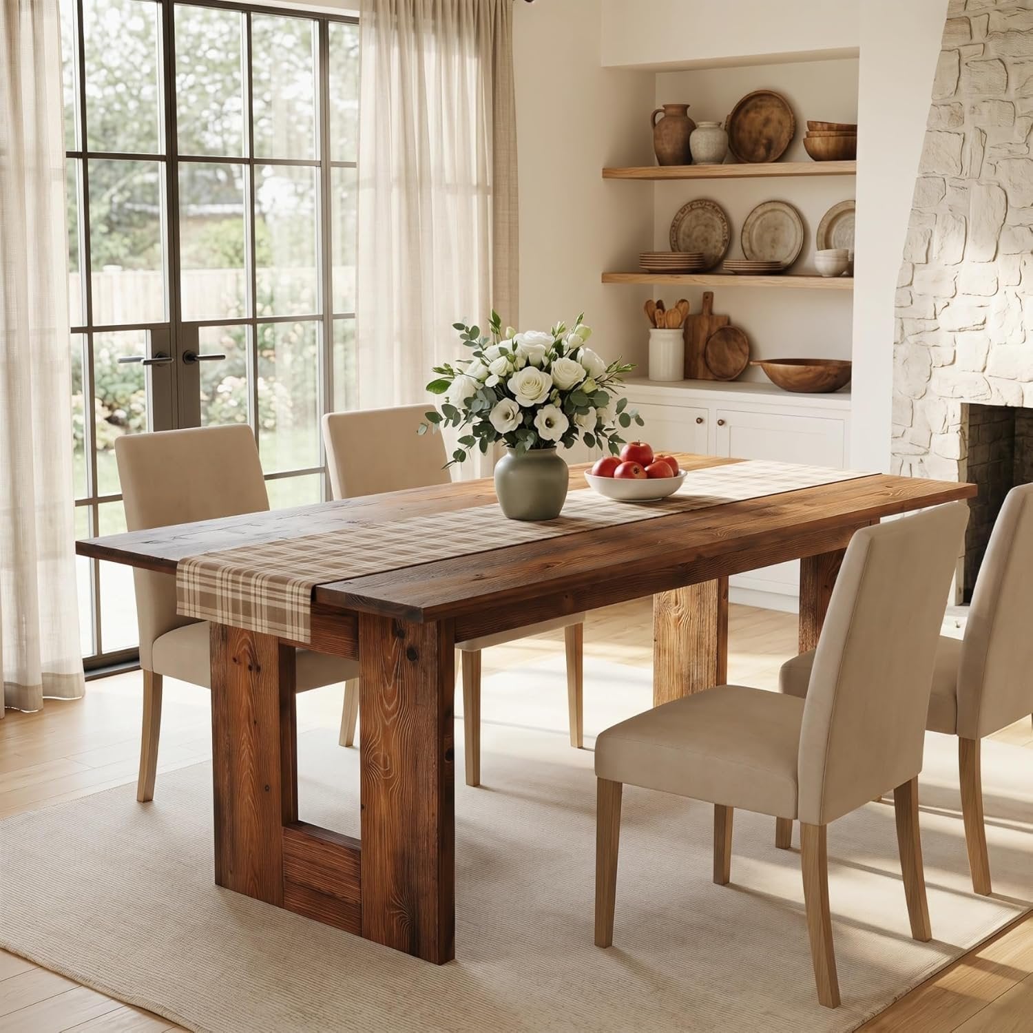 63" Solid Wood Dining Table, Rectangular Kitchen Table for 4-6 People with Thick Top