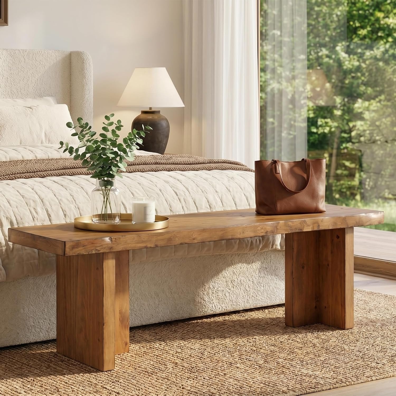 55" Farmhouse Entryway Bench, Solid Wood Shoe Bench End of Bed Bench for Bedroom