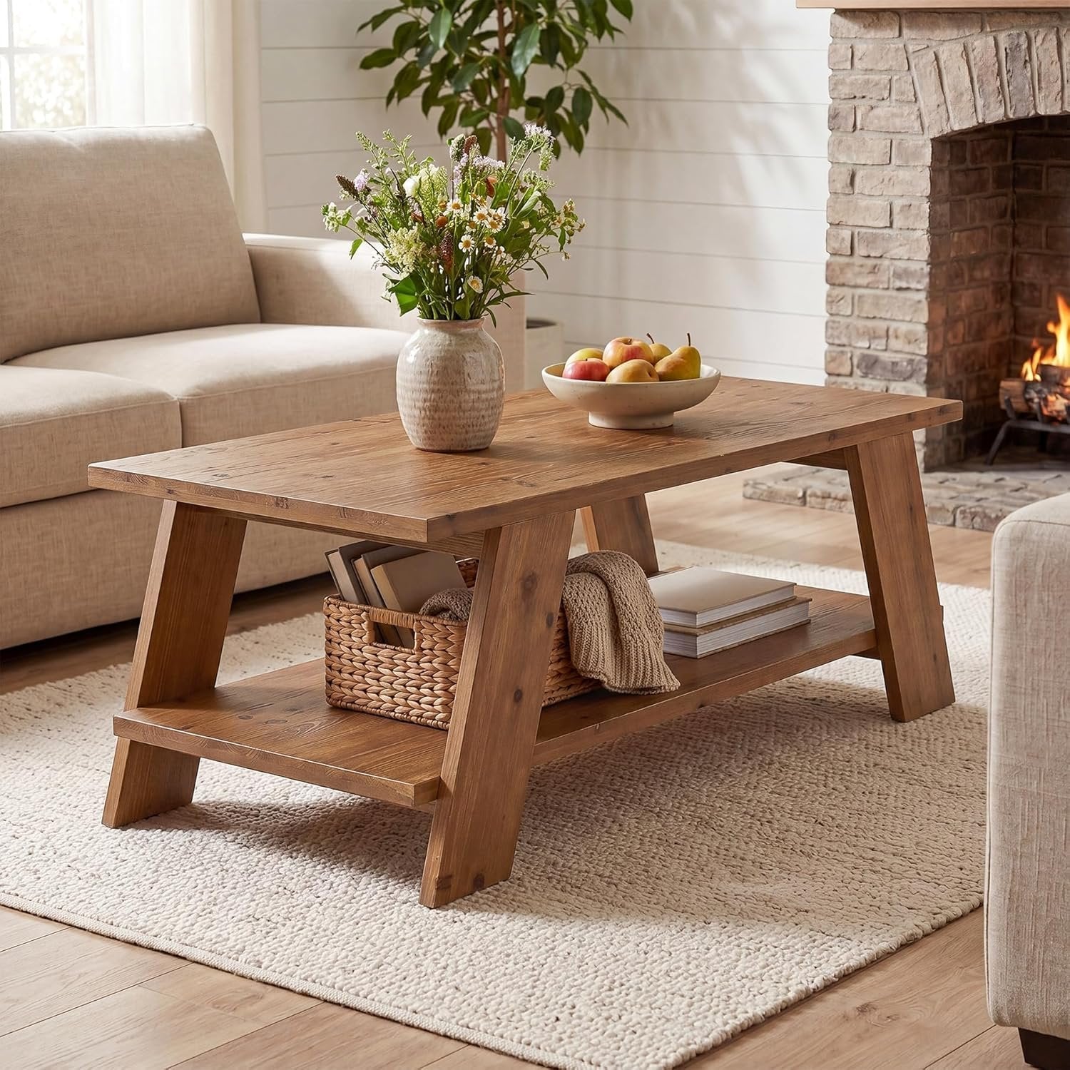 47" Solid Wood Coffee Table, 2-Tier Rectangle Center Table with Storage Shelf for Living Room