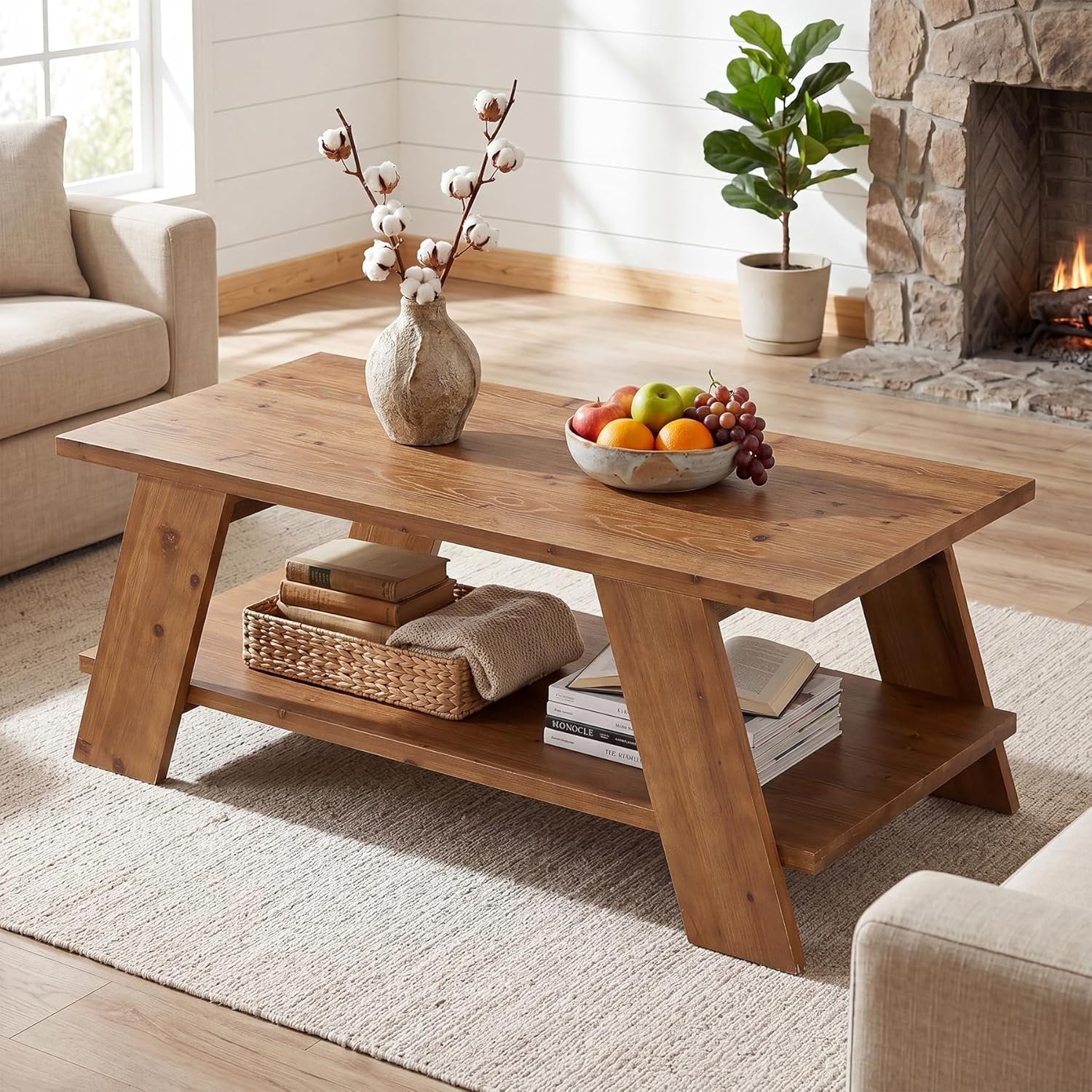 47" Solid Wood Coffee Table, 2-Tier Rectangle Center Table with Storage Shelf for Living Room
