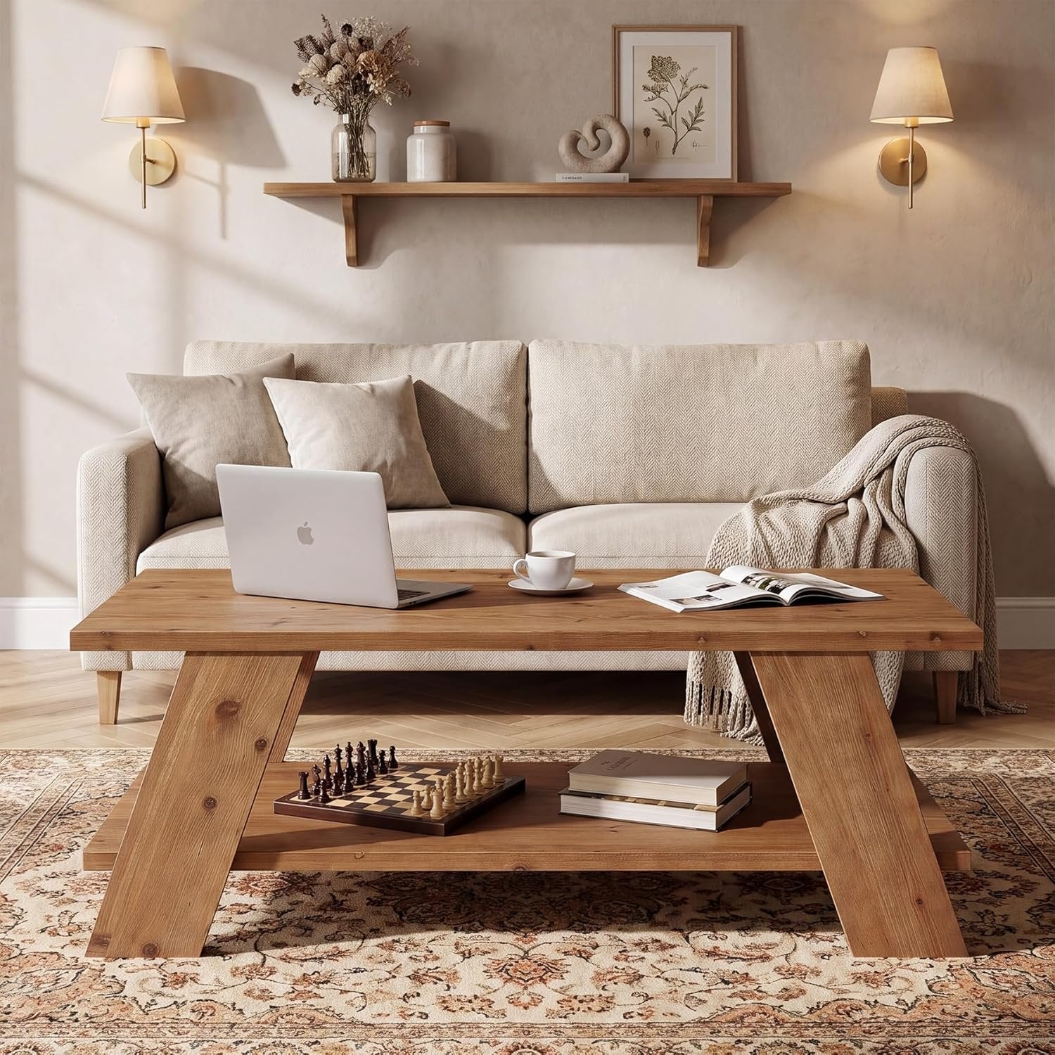 47" Solid Wood Coffee Table, 2-Tier Rectangle Center Table with Storage Shelf for Living Room