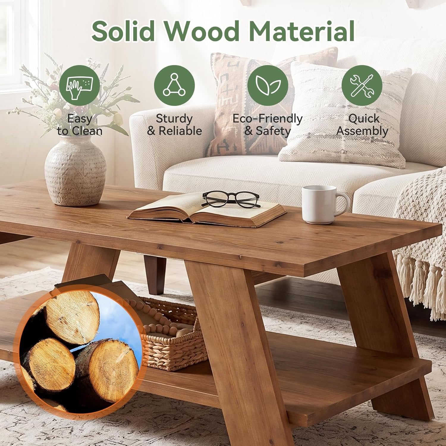 47" Solid Wood Coffee Table, 2-Tier Rectangle Center Table with Storage Shelf for Living Room