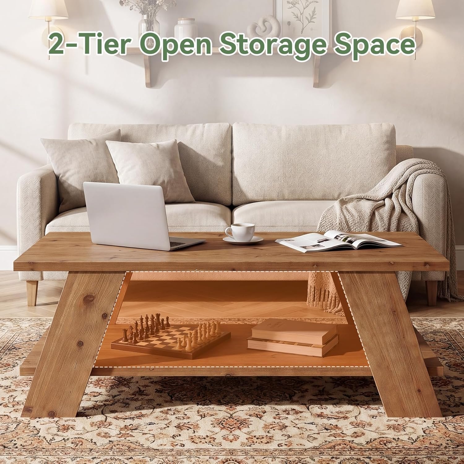 47" Solid Wood Coffee Table, 2-Tier Rectangle Center Table with Storage Shelf for Living Room