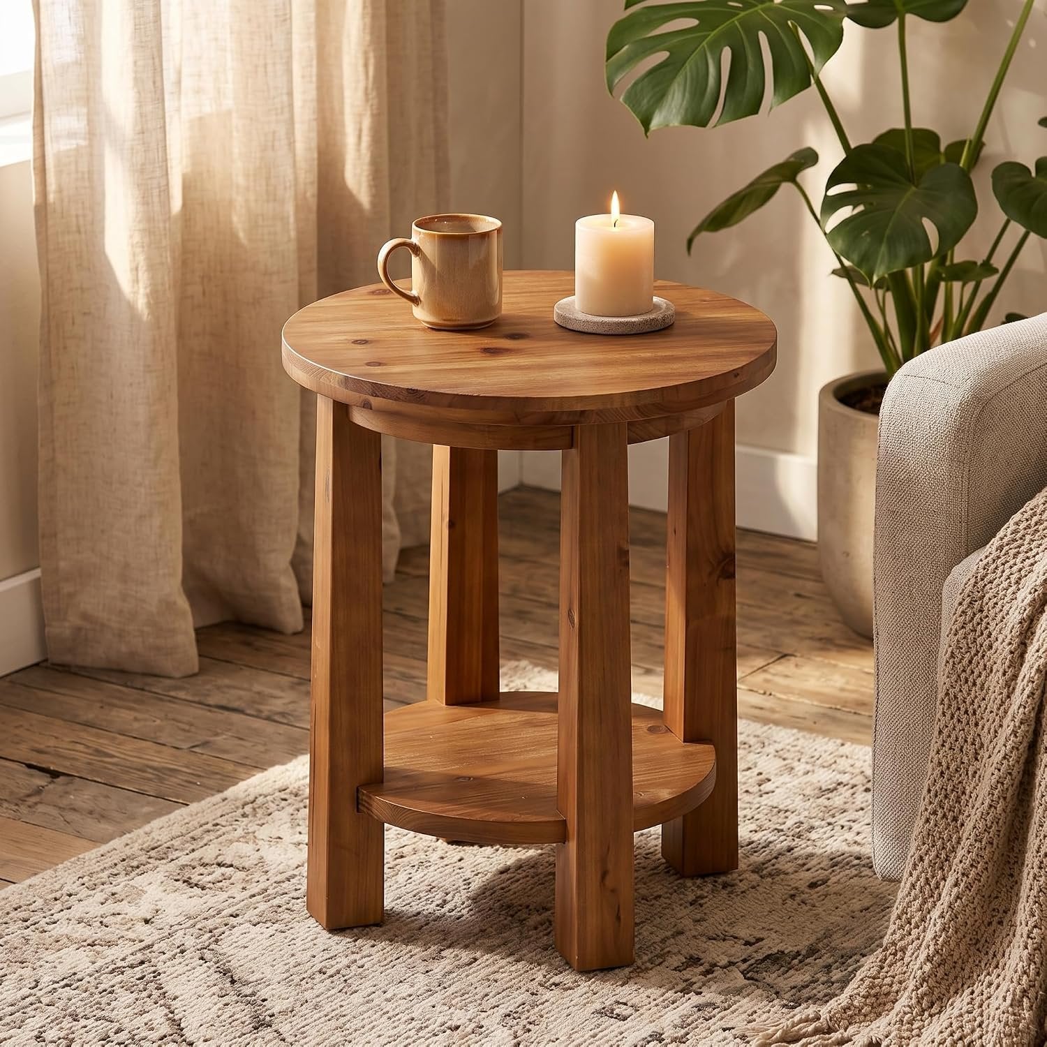 19.6" Solid Wood Side Table, 2 Tier Farmhouse Industrial Round End Table Nightstand