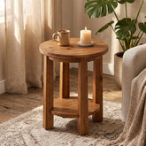 19.6" Solid Wood Side Table, 2 Tier Farmhouse Industrial Round End Table Nightstand 3