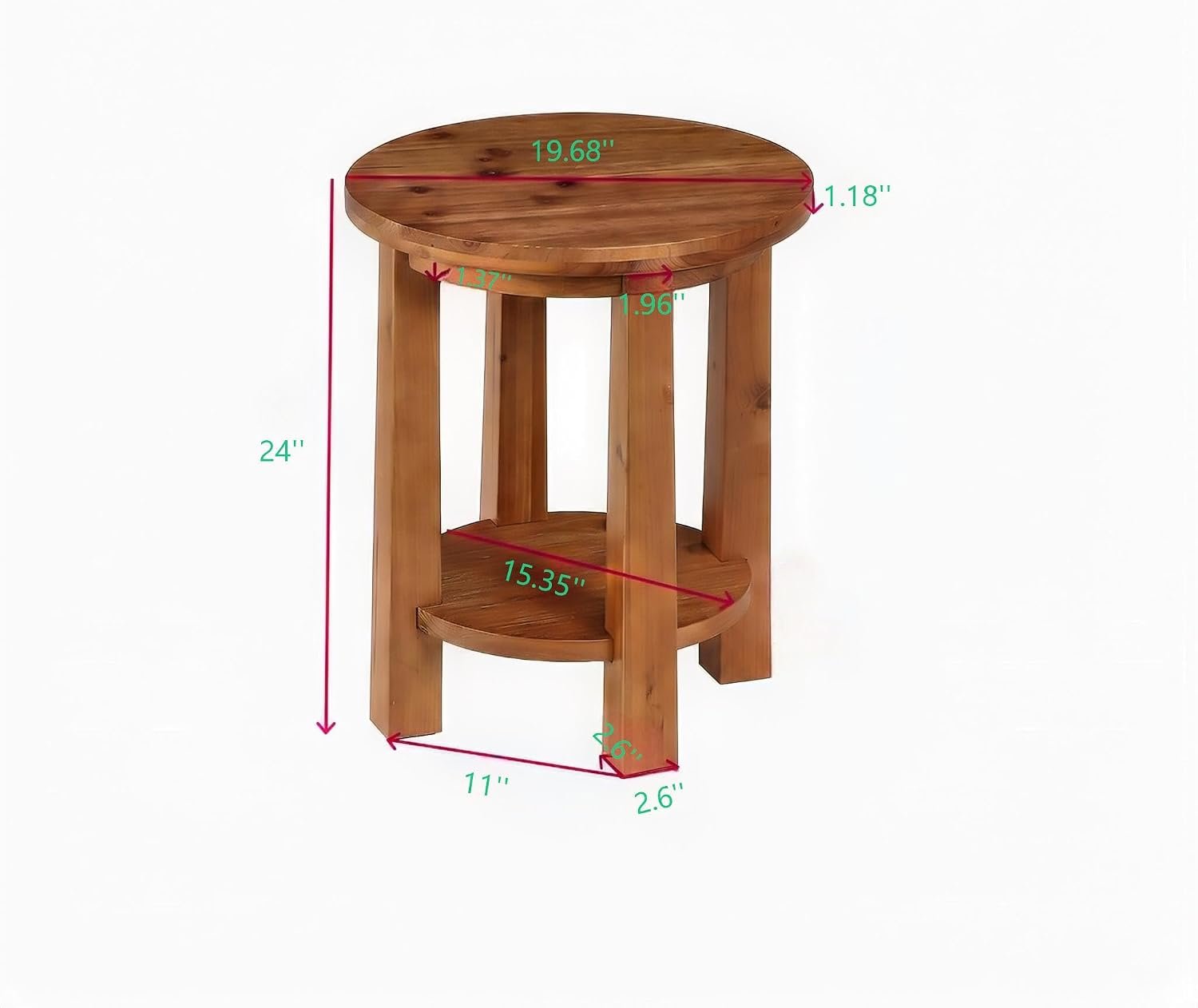 19.6" Solid Wood Side Table, 2 Tier Farmhouse Industrial Round End Table Nightstand