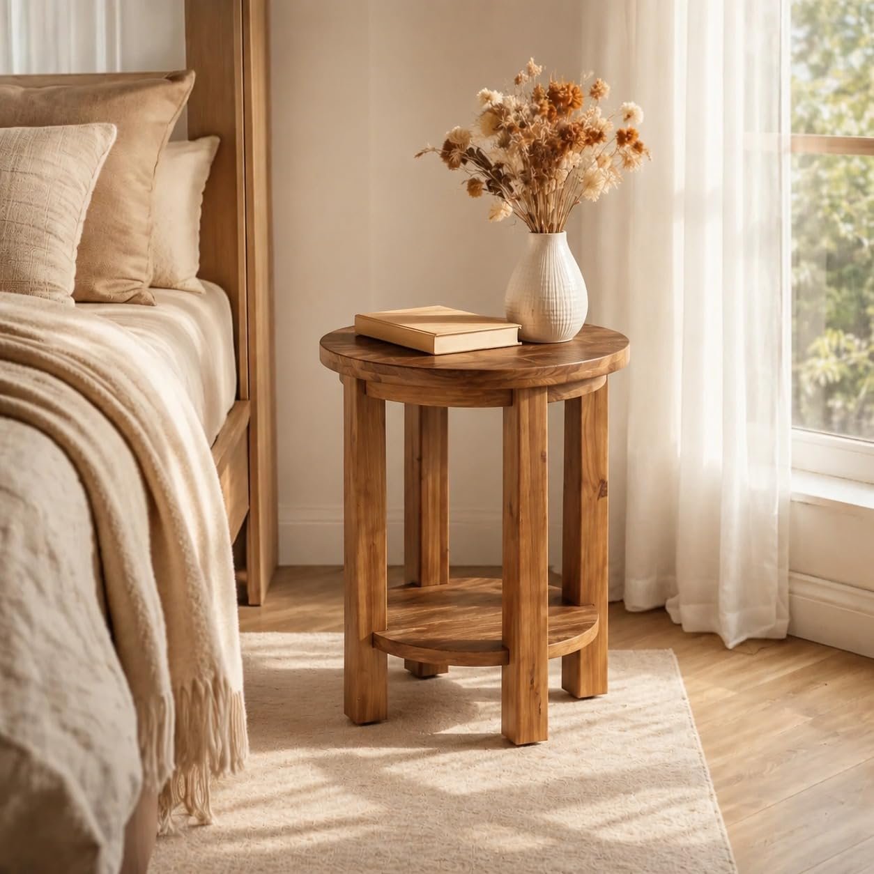 19.6" Solid Wood Side Table, 2 Tier Farmhouse Industrial Round End Table Nightstand