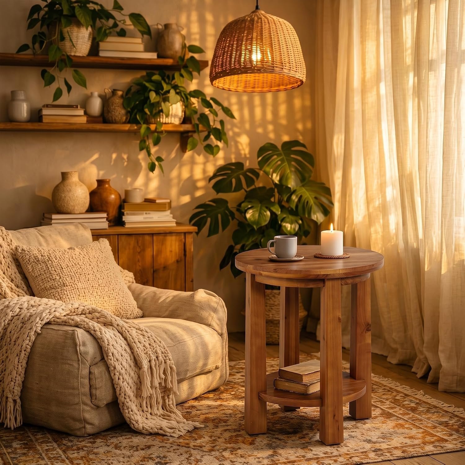 19.6" Solid Wood Side Table, 2 Tier Farmhouse Industrial Round End Table Nightstand