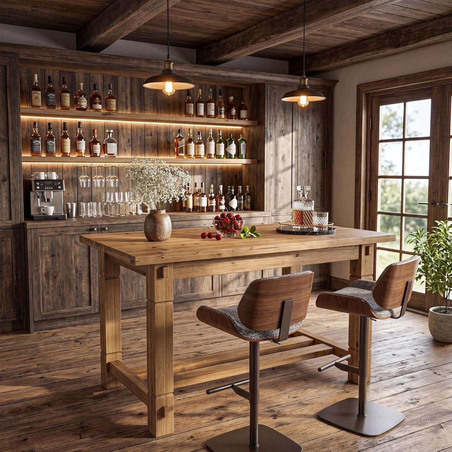 59" Solid Wood Home Bar Table, Counter Height Table with Spacious Tabletop