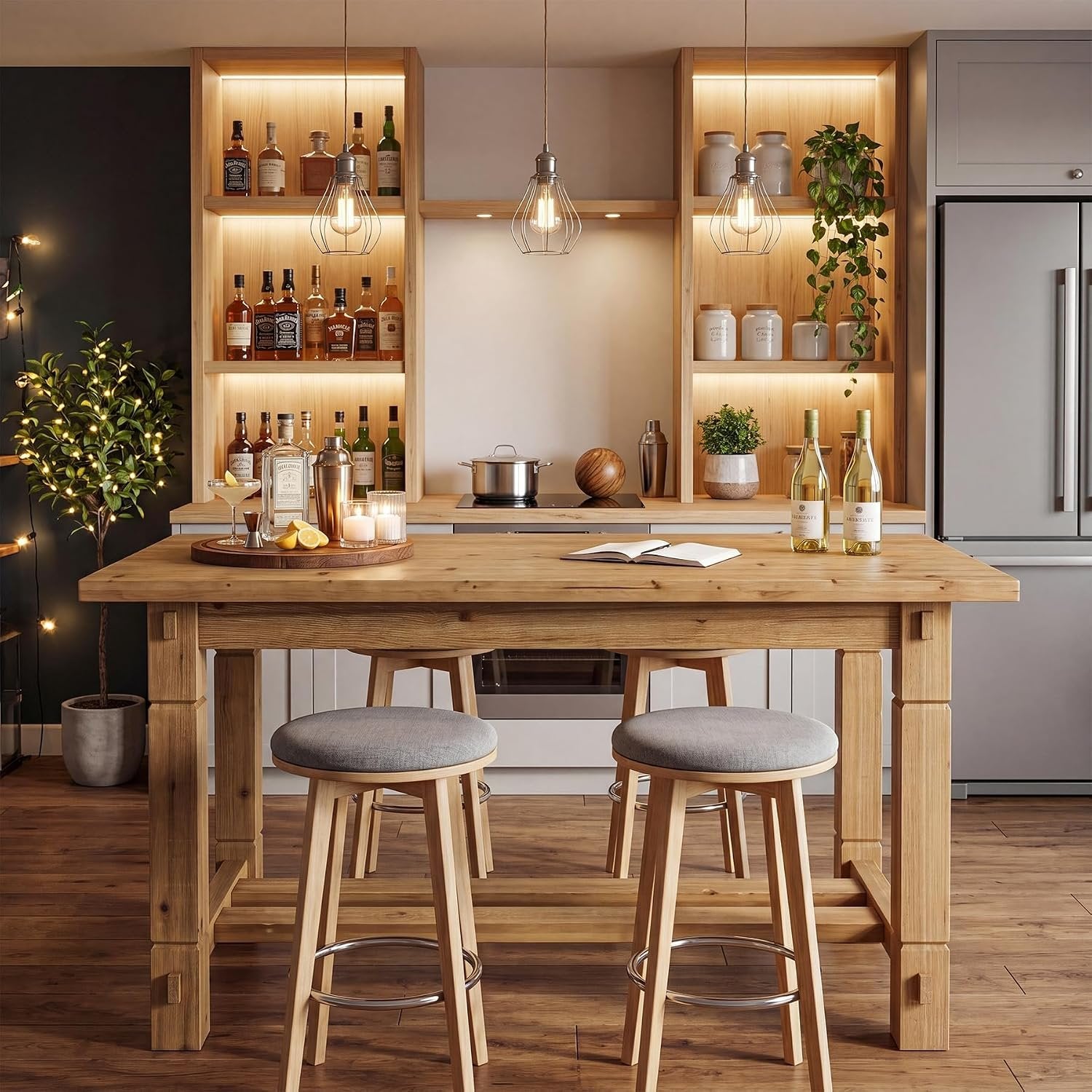 59" Solid Wood Home Bar Table, Counter Height Table with Spacious Tabletop