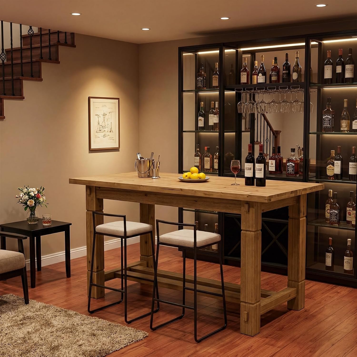 59" Solid Wood Home Bar Table, Counter Height Table with Spacious Tabletop