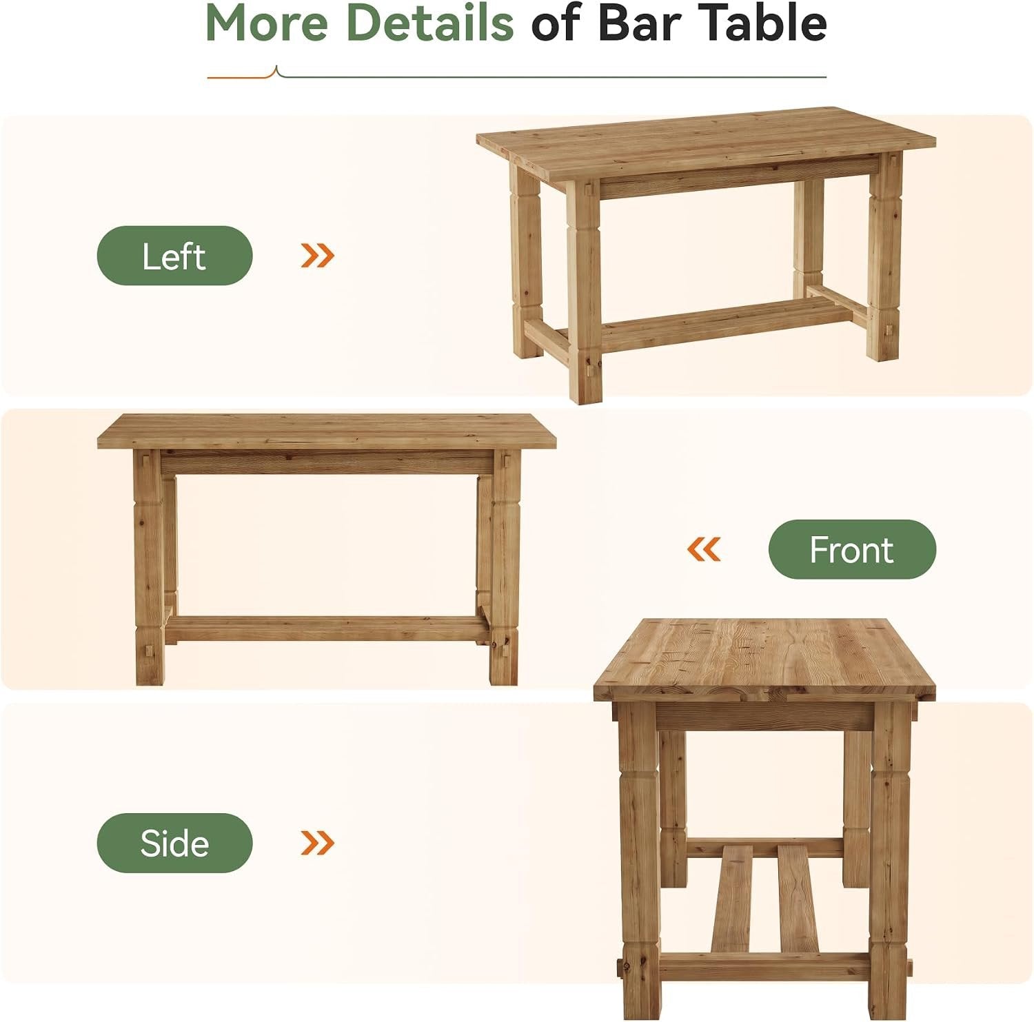59" Solid Wood Home Bar Table, Counter Height Table with Spacious Tabletop