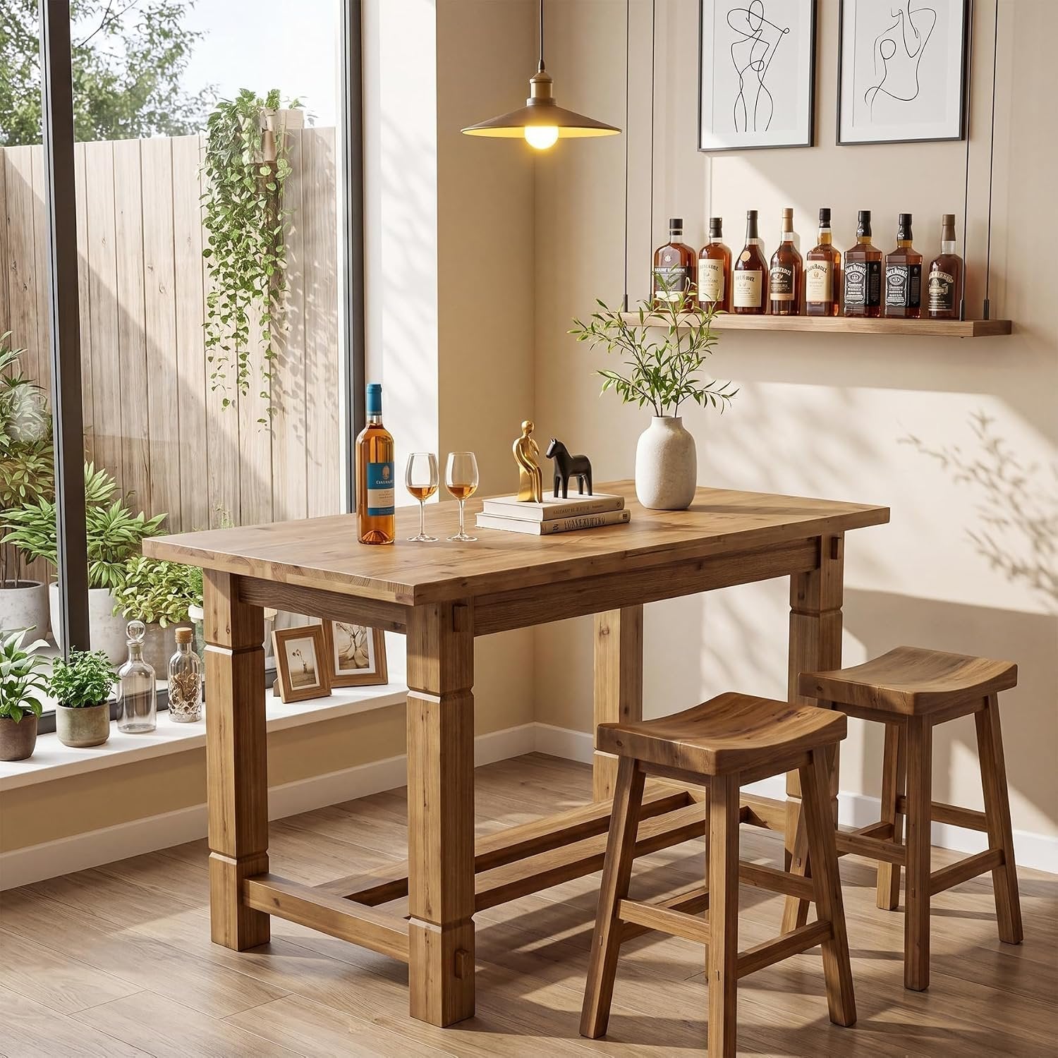 59" Solid Wood Home Bar Table, Counter Height Table with Spacious Tabletop