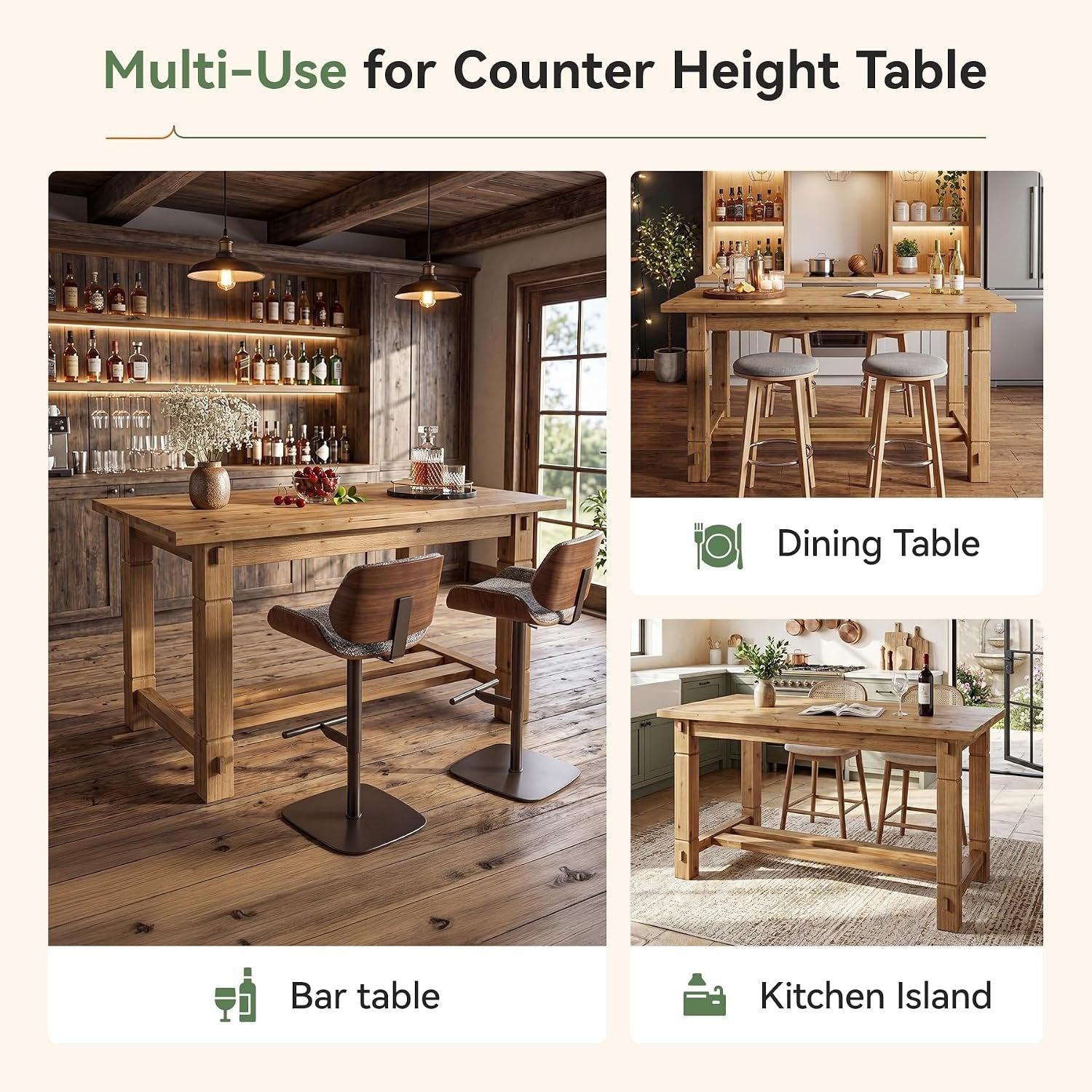 59" Solid Wood Home Bar Table, Counter Height Table with Spacious Tabletop