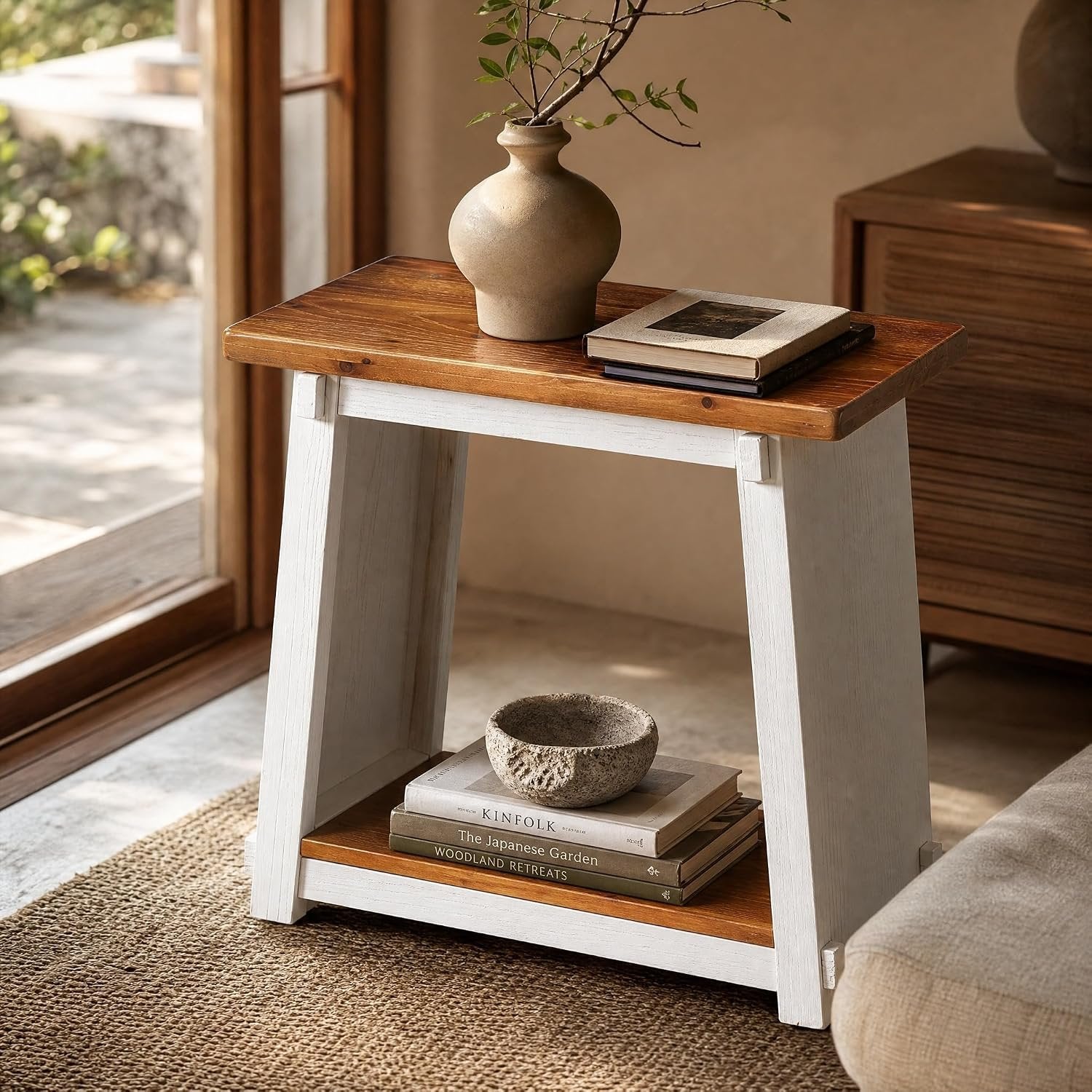 Narrow Solid Wood End Table, Rustic Side Table with Lower Storage Shelf