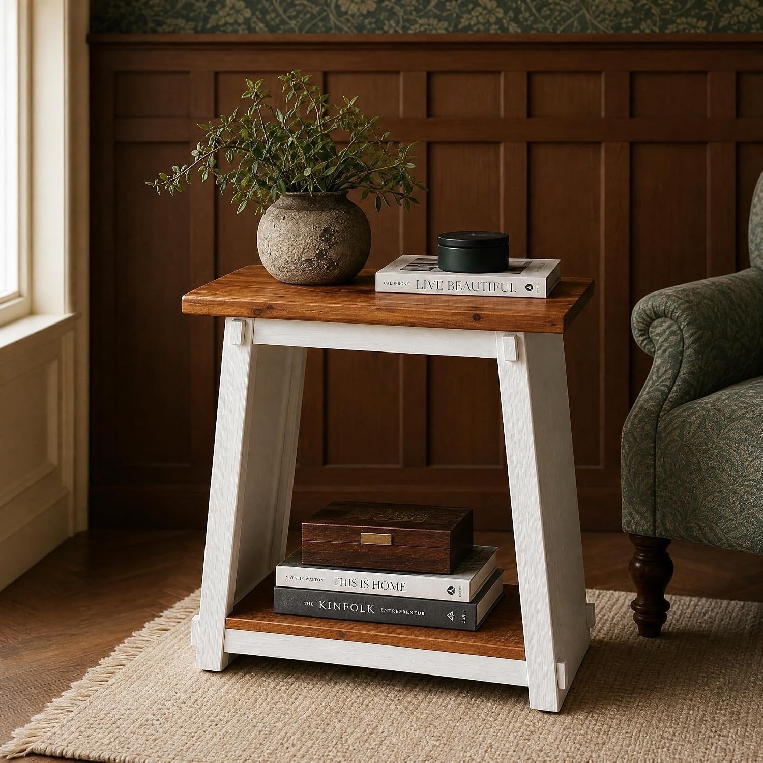 Narrow Solid Wood End Table, Rustic Side Table with Lower Storage Shelf