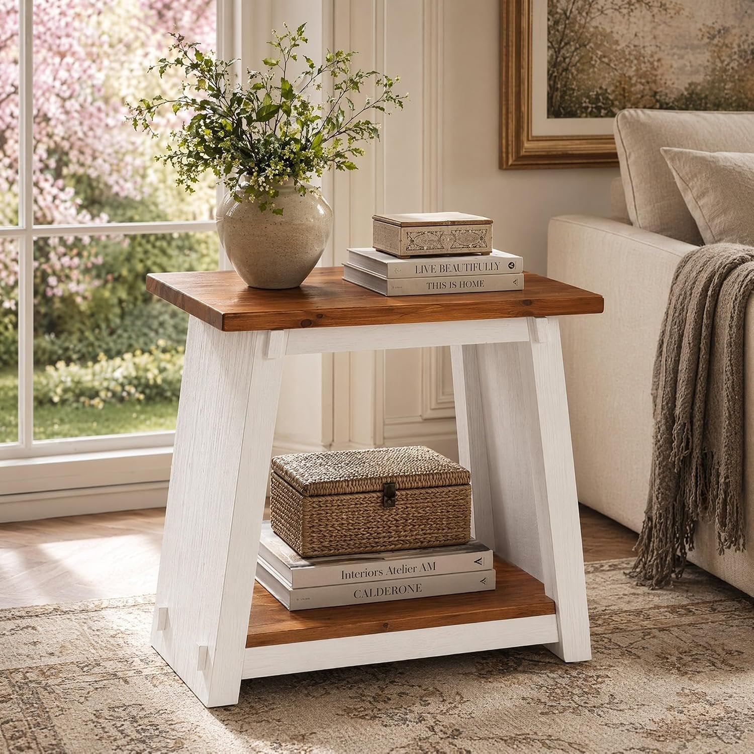 Narrow Solid Wood End Table, Rustic Side Table with Lower Storage Shelf