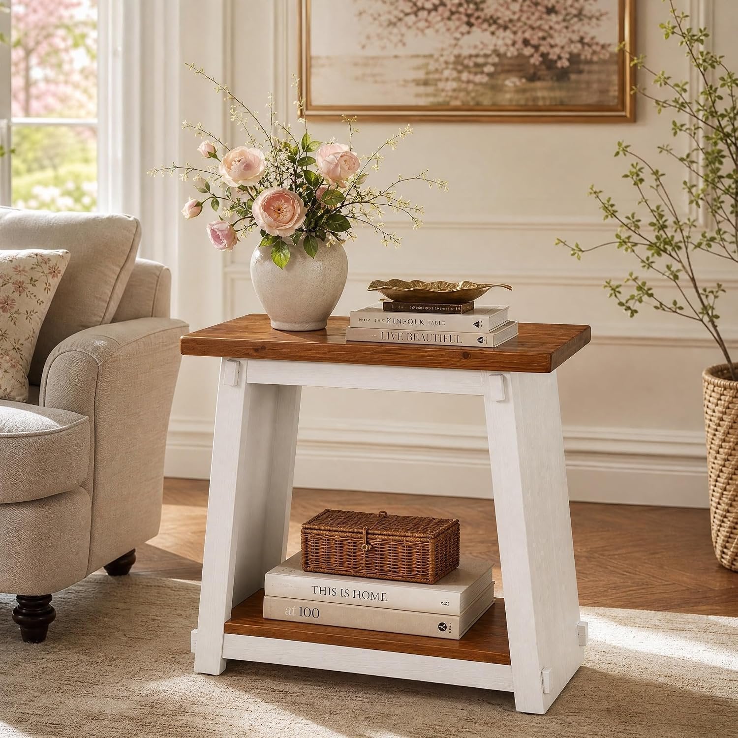 Narrow Solid Wood End Table, Rustic Side Table with Lower Storage Shelf