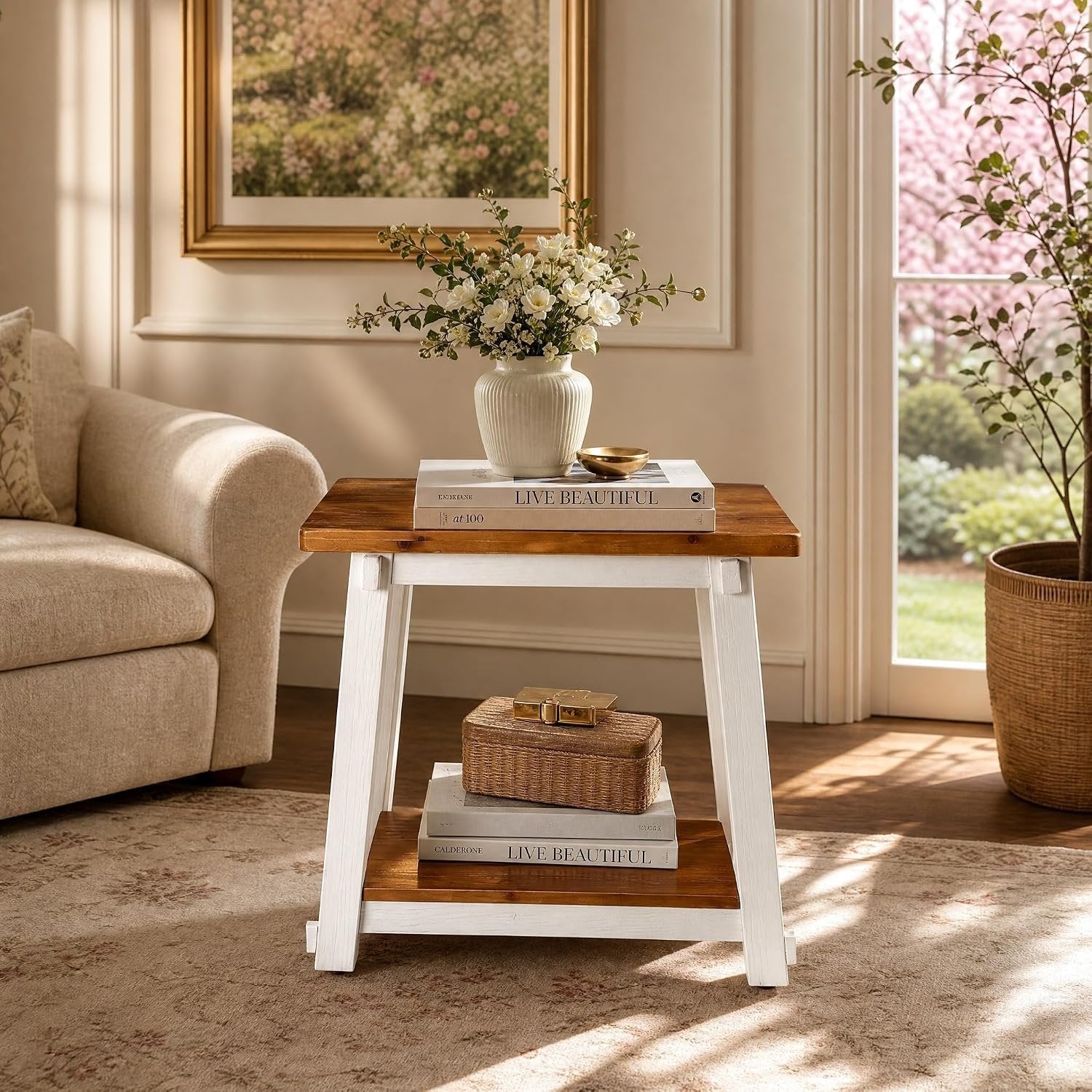 Narrow Solid Wood End Table, Rustic Side Table with Lower Storage Shelf