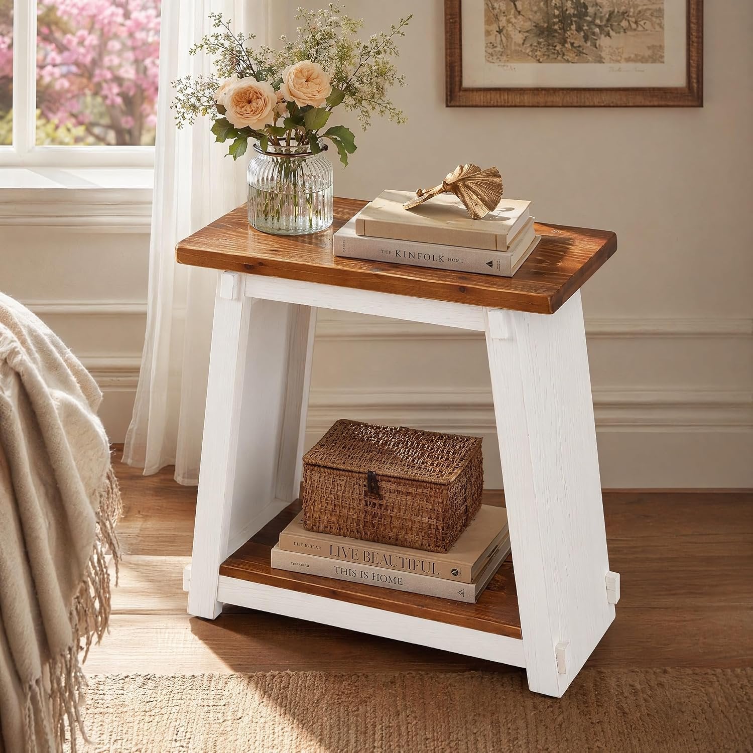 Narrow Solid Wood End Table, Rustic Side Table with Lower Storage Shelf