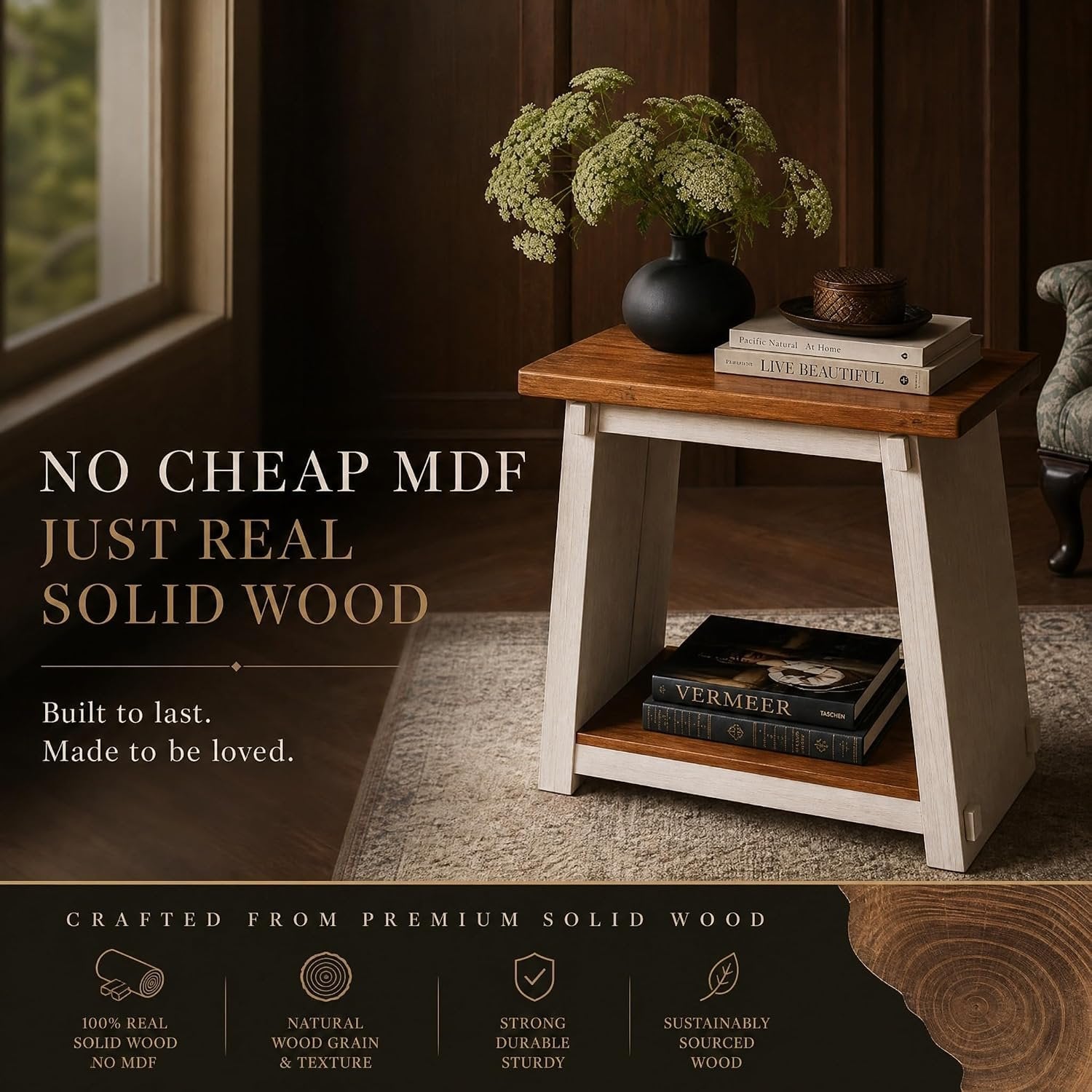 Narrow Solid Wood End Table, Rustic Side Table with Lower Storage Shelf