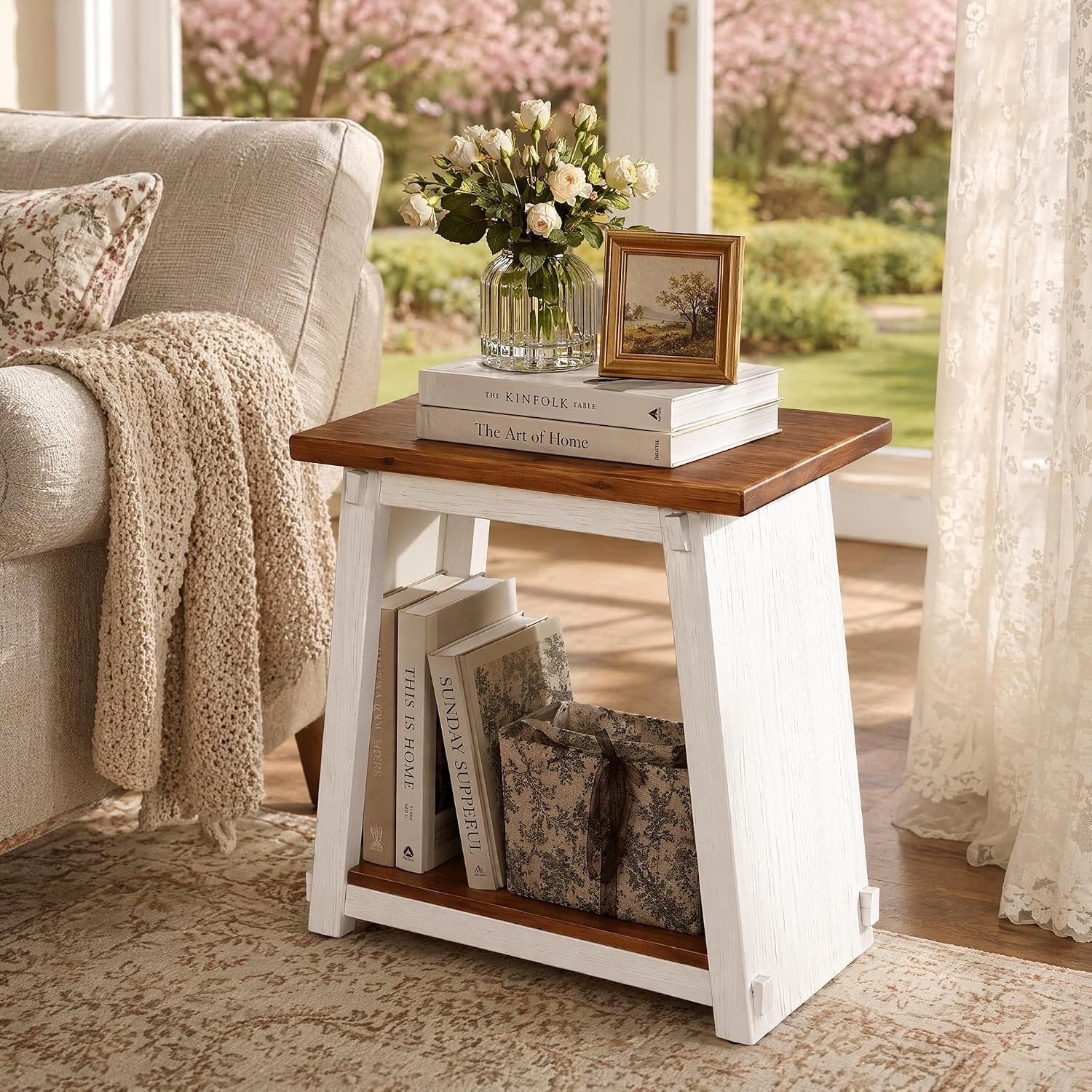Narrow Solid Wood End Table, Rustic Side Table with Lower Storage Shelf