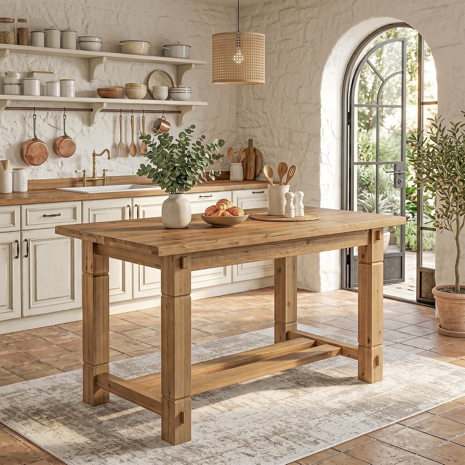 59" Solid Wood Home Kitchen Island, Rustic Stationary Island with Sturdy Frame
