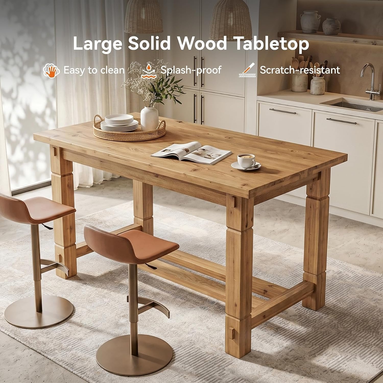59" Solid Wood Home Kitchen Island, Rustic Stationary Island with Sturdy Frame