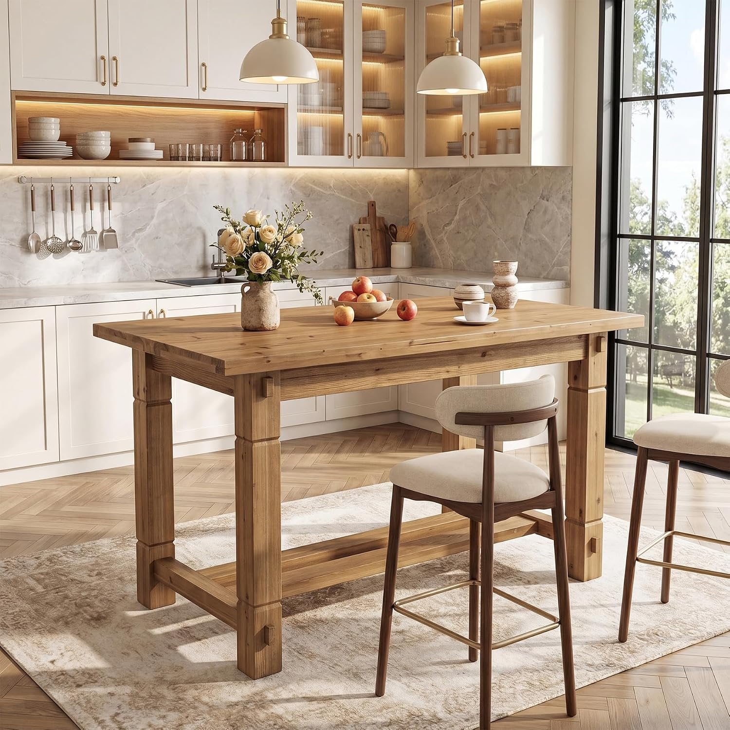 59" Solid Wood Home Kitchen Island, Rustic Stationary Island with Sturdy Frame