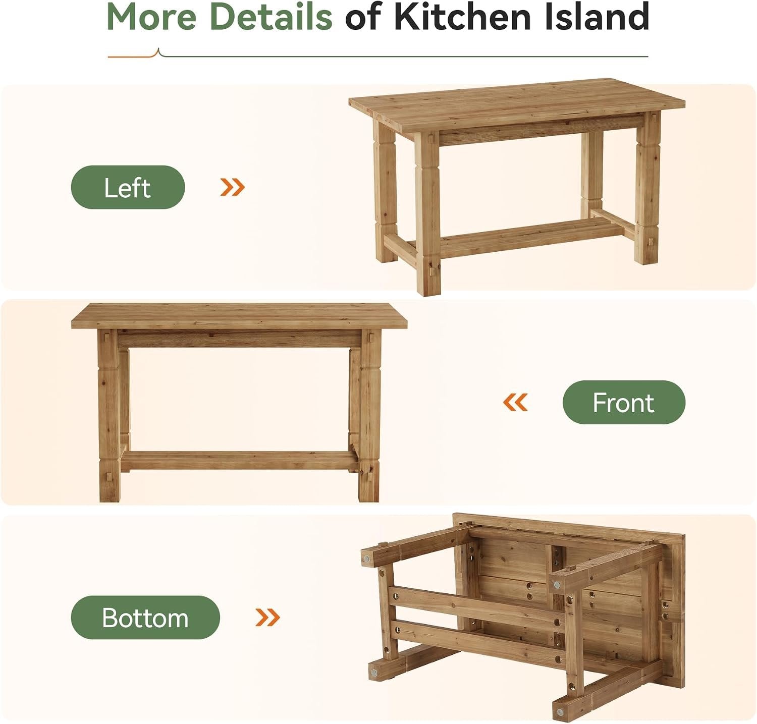 59" Solid Wood Home Kitchen Island, Rustic Stationary Island with Sturdy Frame