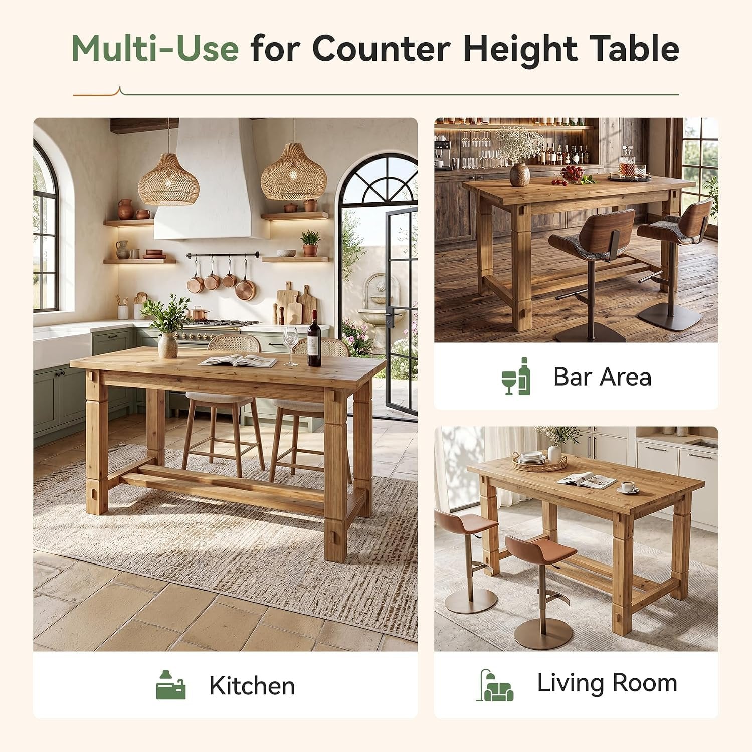 59" Solid Wood Home Kitchen Island, Rustic Stationary Island with Sturdy Frame
