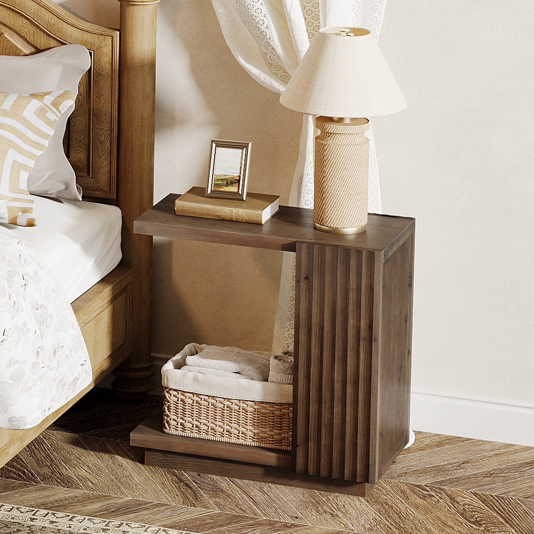 C Shaped Sofa End Table, Wood Side Table with Fluted Panels