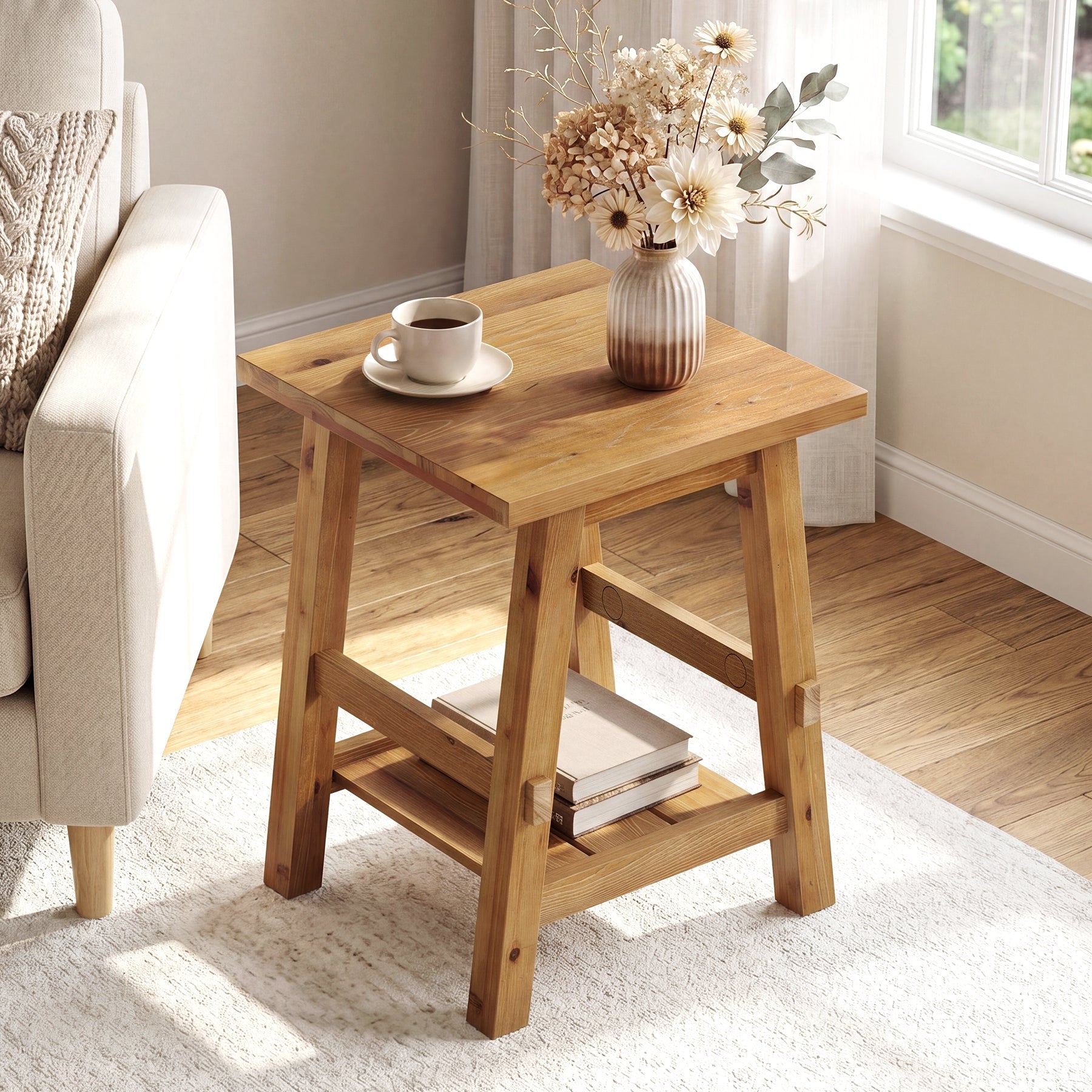 Solid Wood End Table with Storage Shelf, Farmhouse Square Side Table for Small Spaces