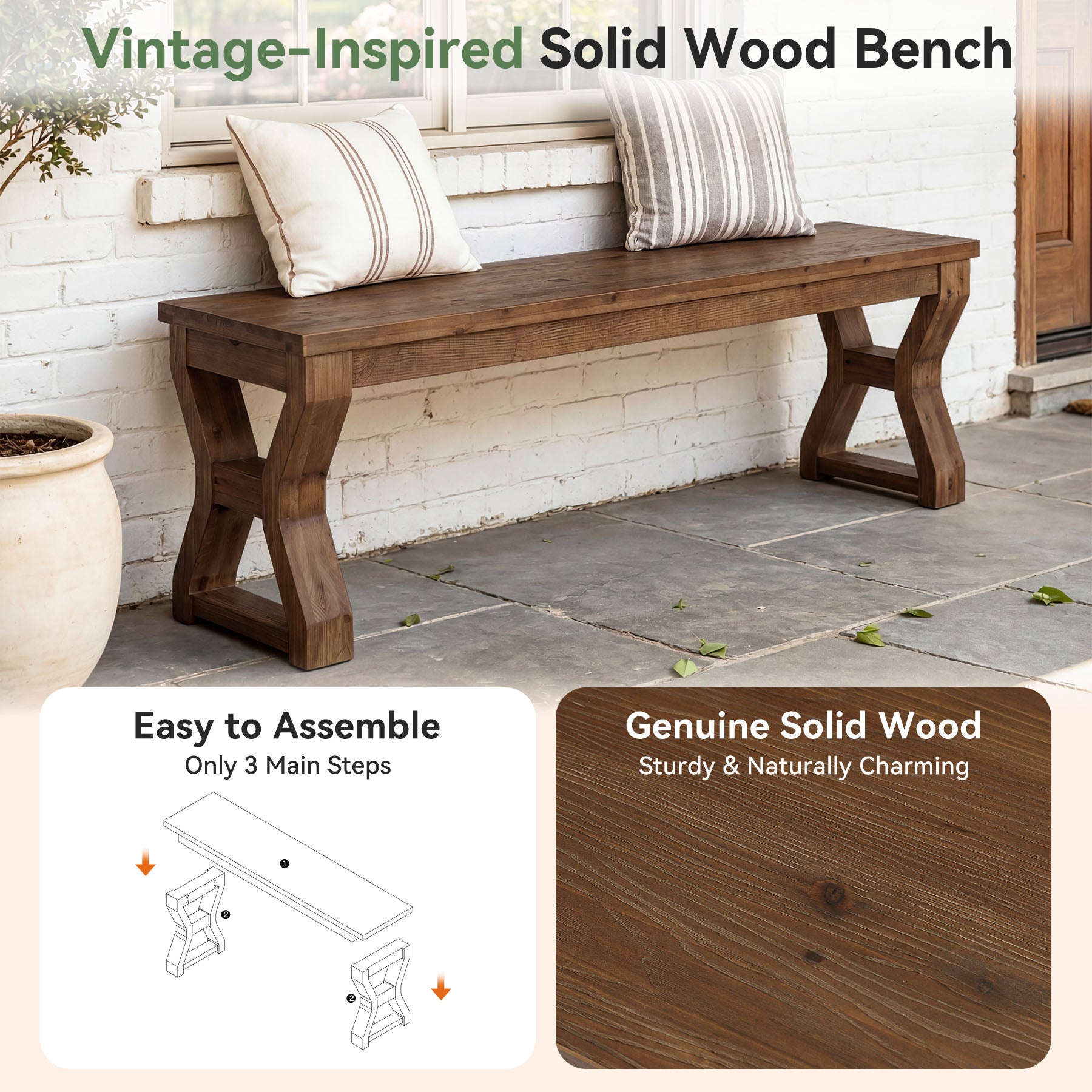 55" Wood Dining Bench, Narrow Kitchen Bench Seat with Sturdy X-Cross Legs
