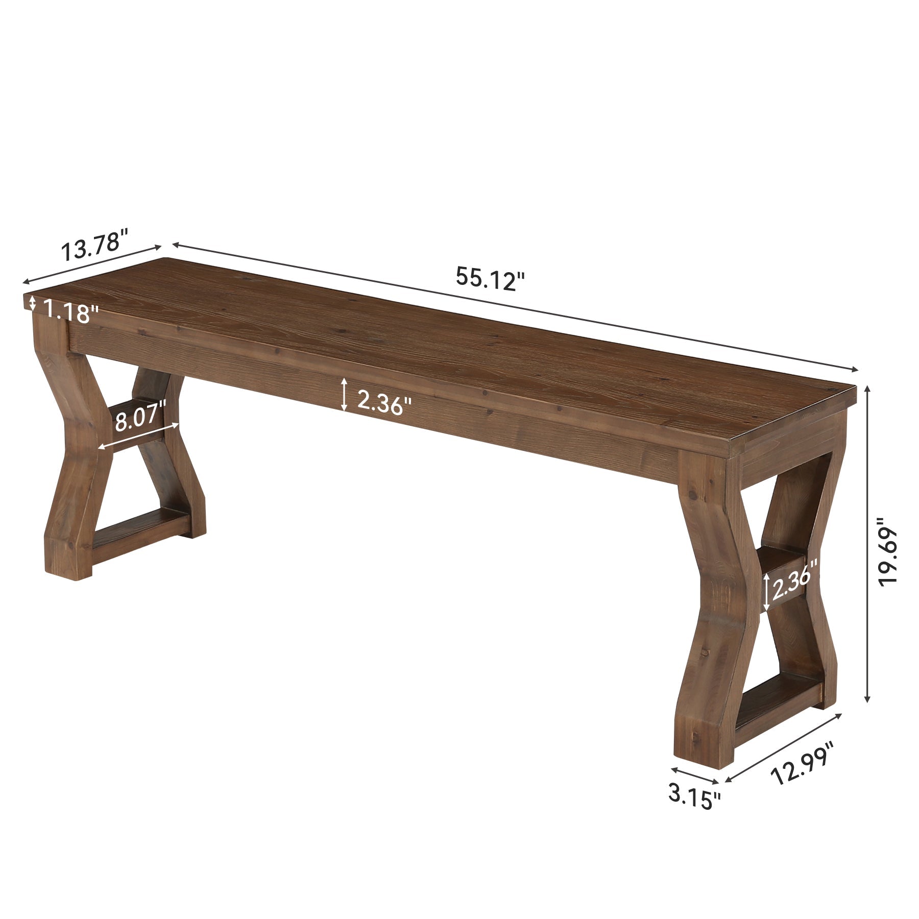 55" Wood Dining Bench, Narrow Kitchen Bench Seat with Sturdy X-Cross Legs