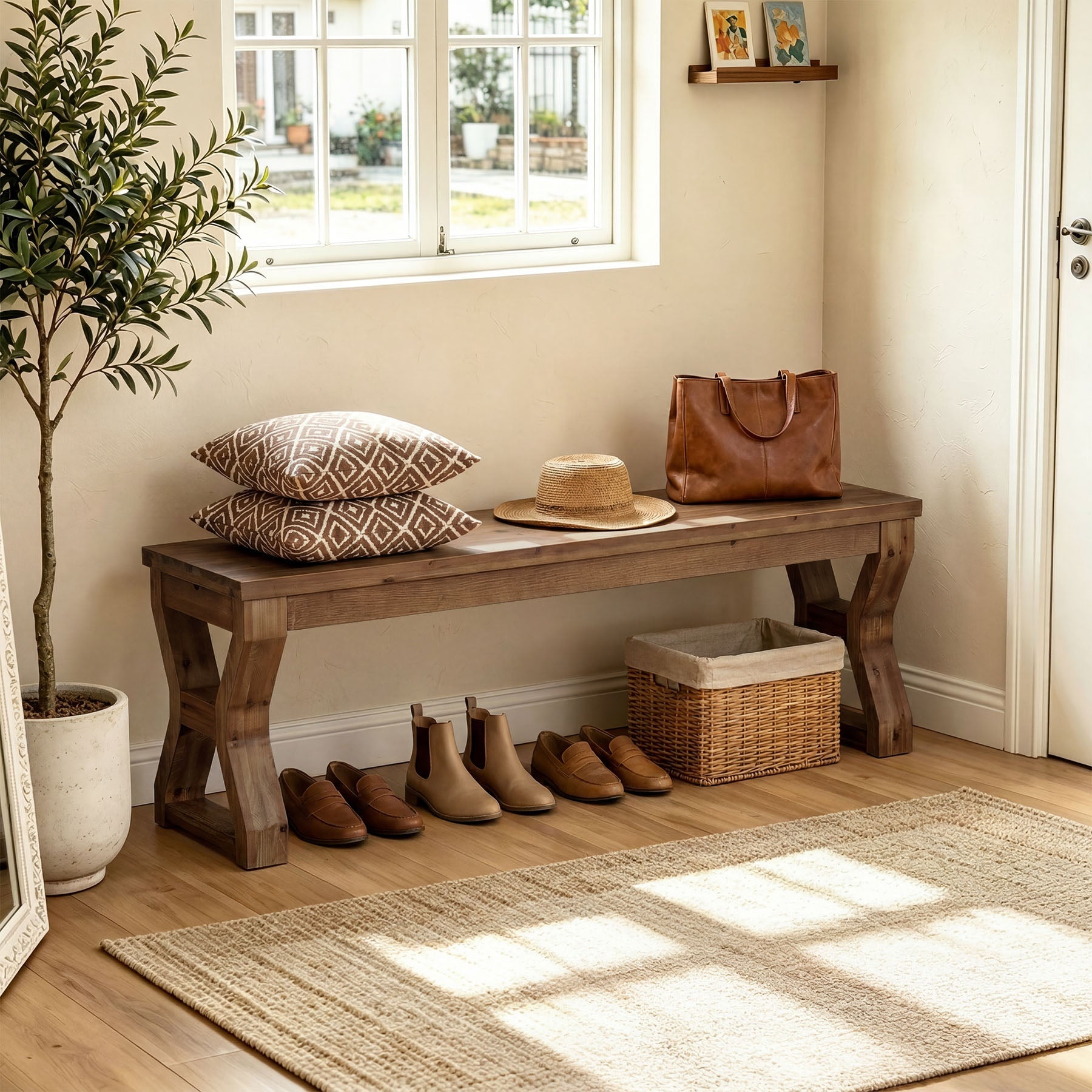 55" Solid Wood Entryway Bench, Farmhouse Shoe Bench with X-Cross Legs