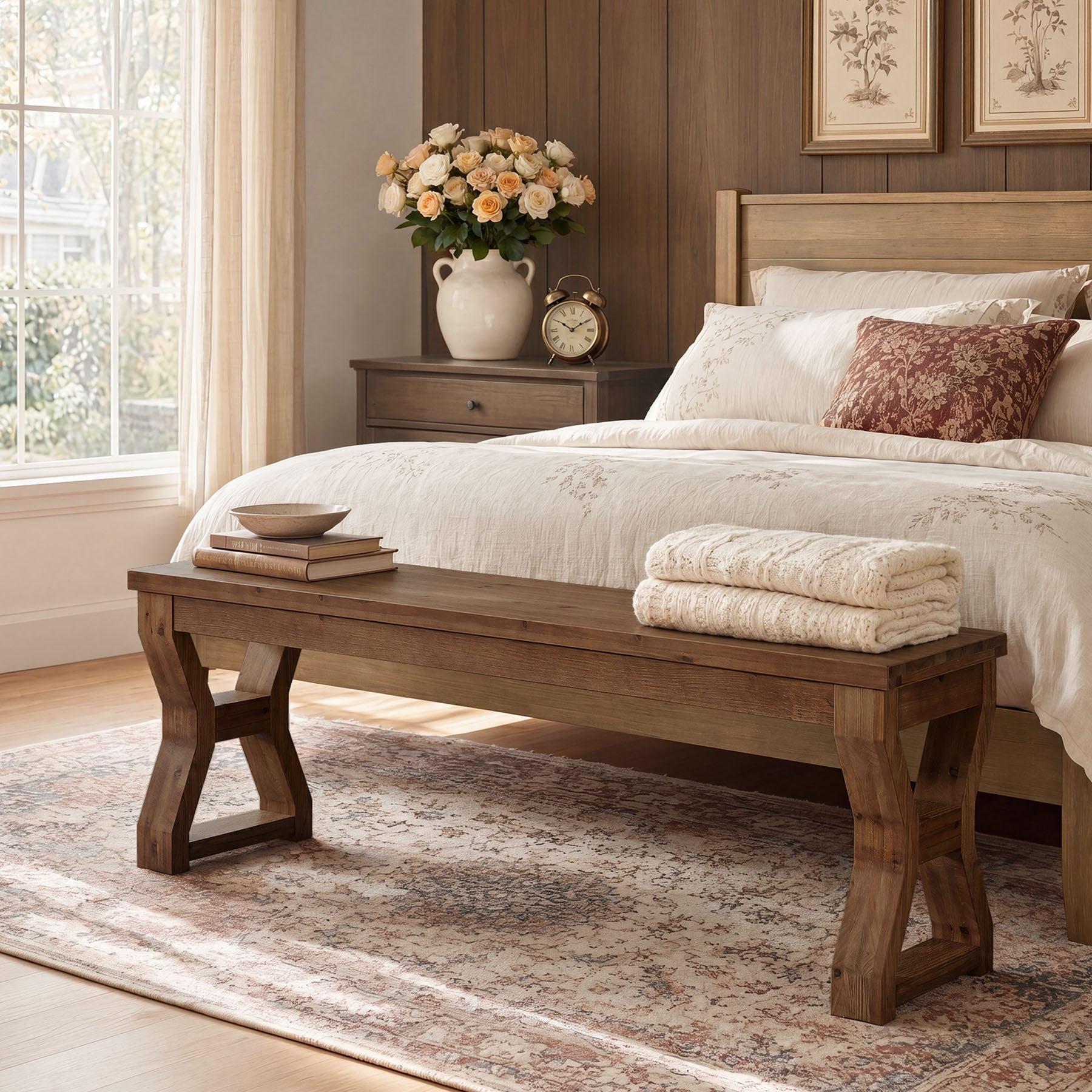 55" Solid Wood Entryway Bench, Farmhouse Shoe Bench with X-Cross Legs