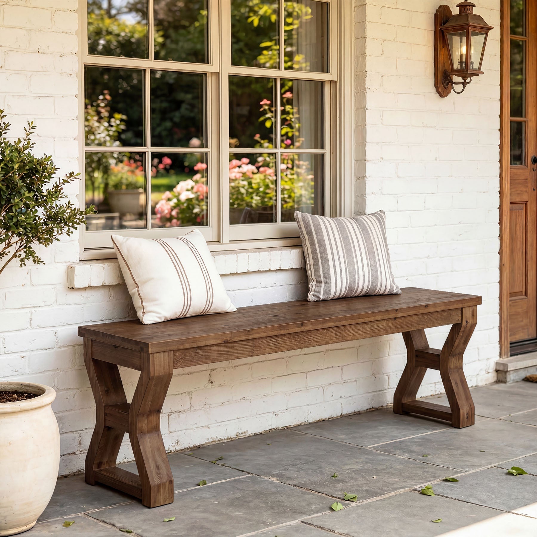 55" Solid Wood Entryway Bench, Farmhouse Shoe Bench with X-Cross Legs