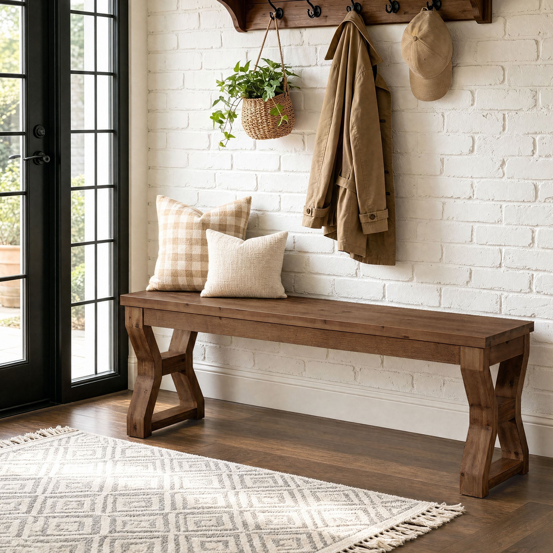 55" Solid Wood Entryway Bench, Farmhouse Shoe Bench with X-Cross Legs