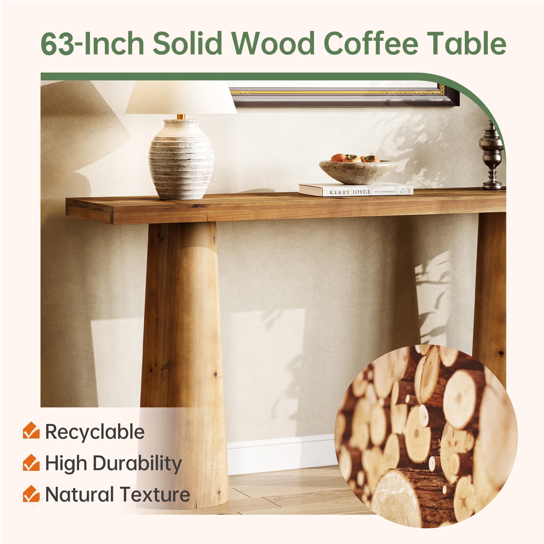 63" Solid Wood Console Table, Farmhouse Entryway Table with Cylindrical Legs