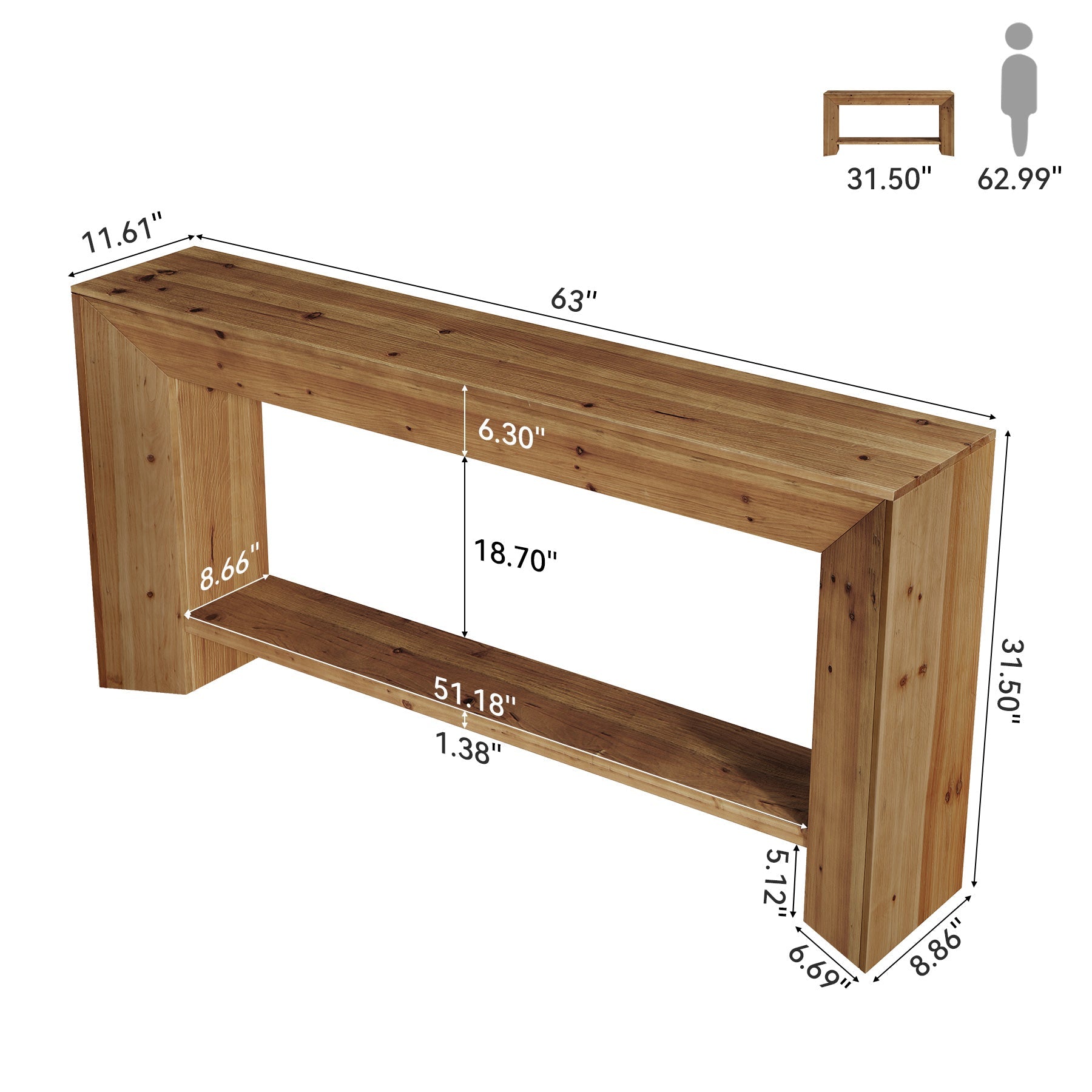 Solid Wood Console Table, 63" Wooden Sofa Table Behind Couch with Storage