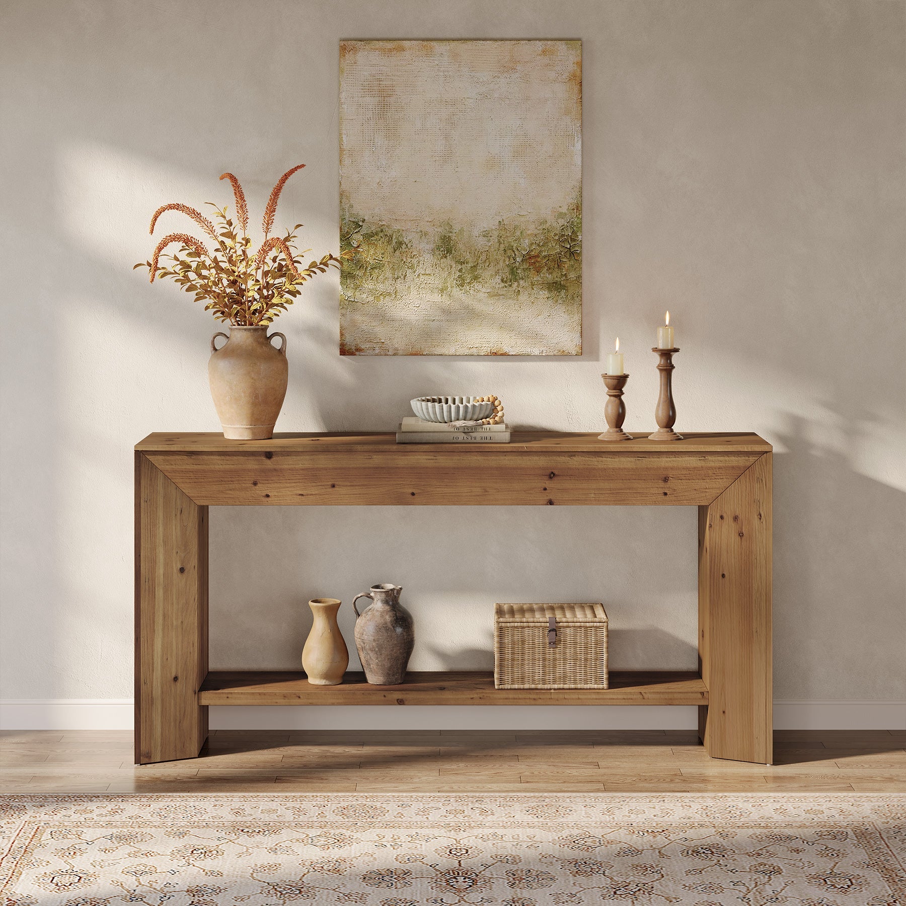 Solid Wood Console Table, 63" Wooden Sofa Table Behind Couch with Storage