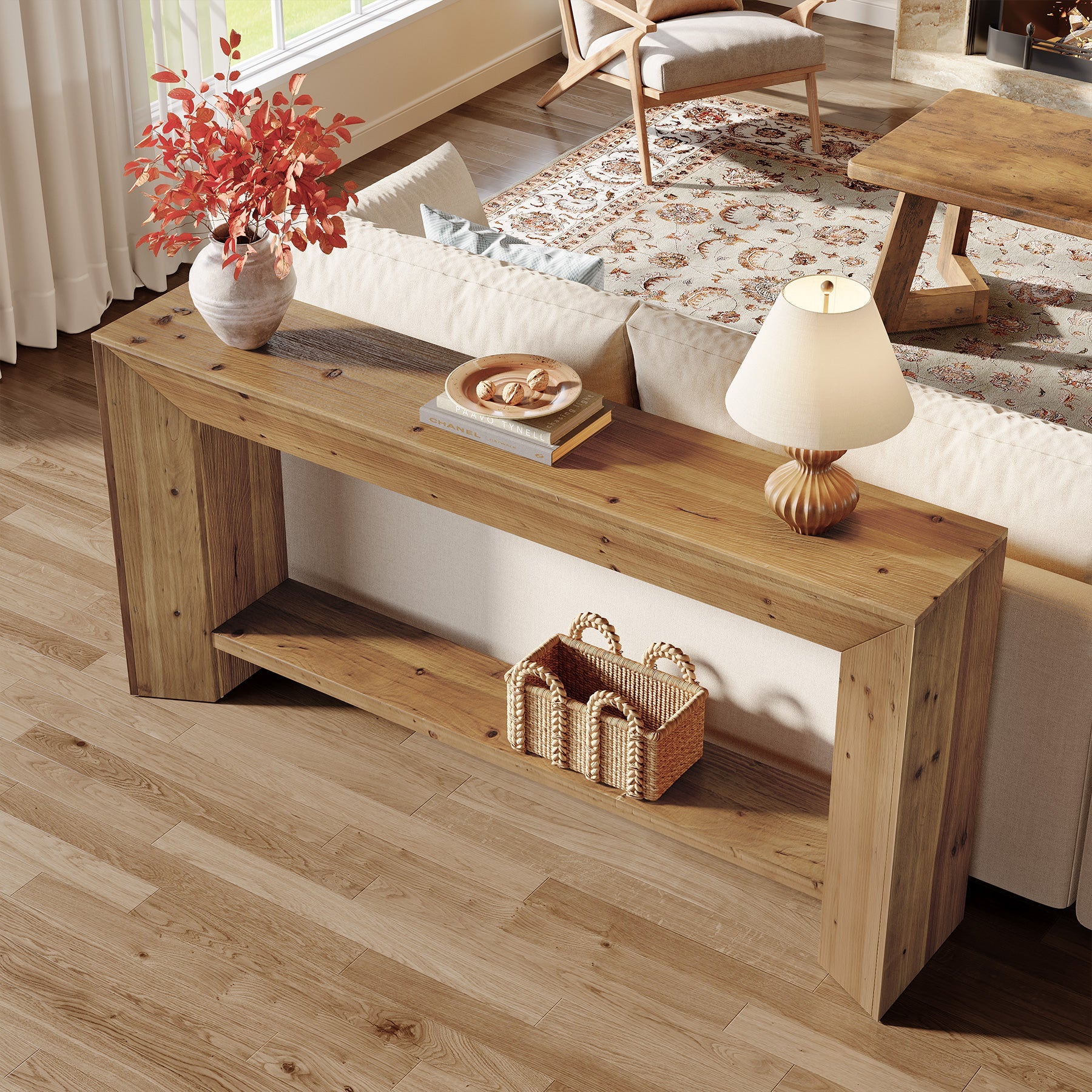 Solid Wood Console Table, 63" Wooden Sofa Table Behind Couch with Storage