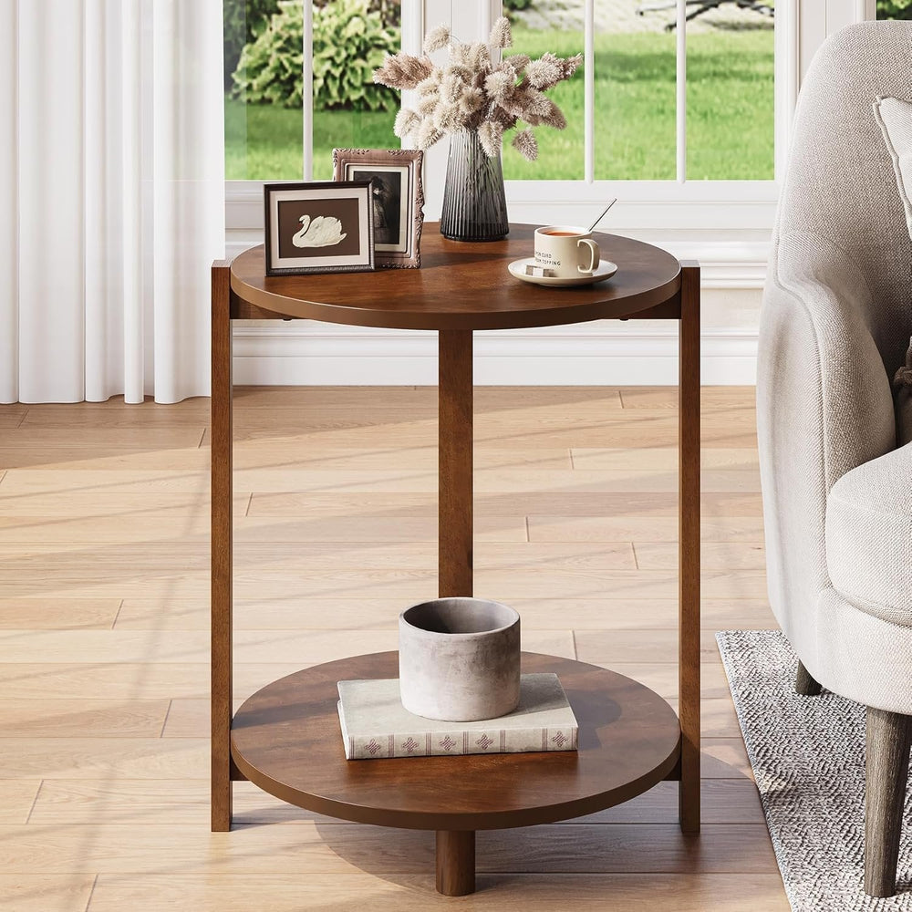 Solid Wood Side Table, 19" Round End Table with 2-Tier Storage-TribeWood