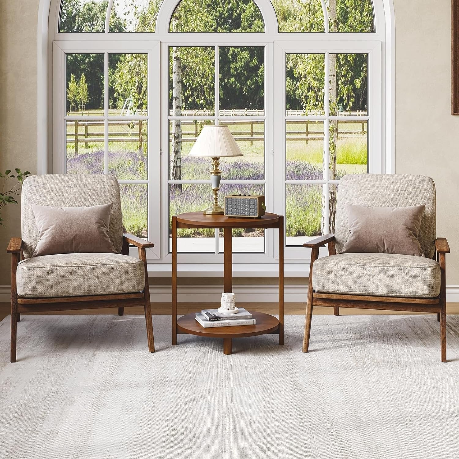 Solid Wood Side Table, 19" Round End Table with 2-Tier Storage